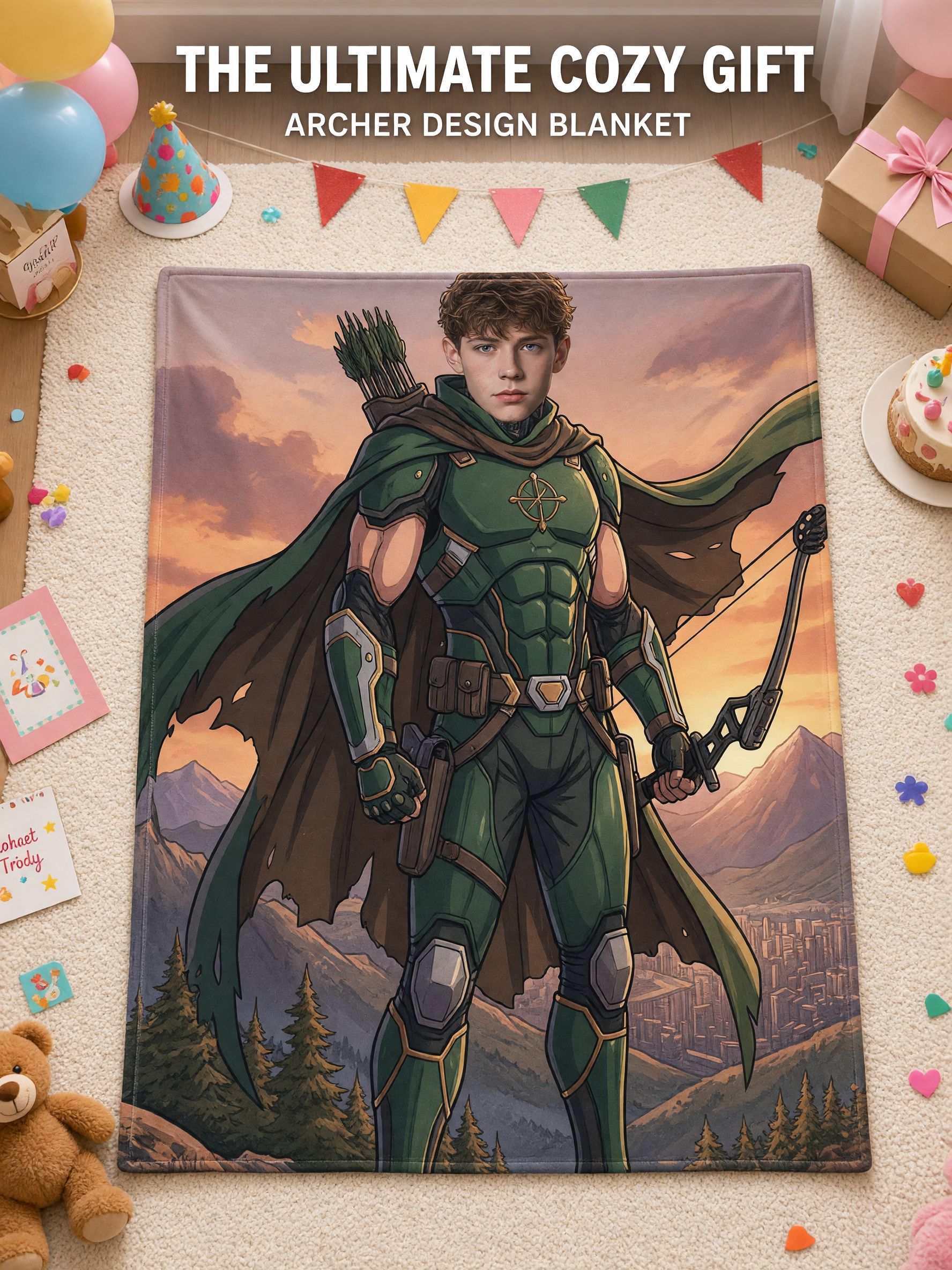 Custom Face Photo Flannel Blanket Personalized Superhero Archer Throw Skin Friendly Anti Pilling Cozy Birthday Gift