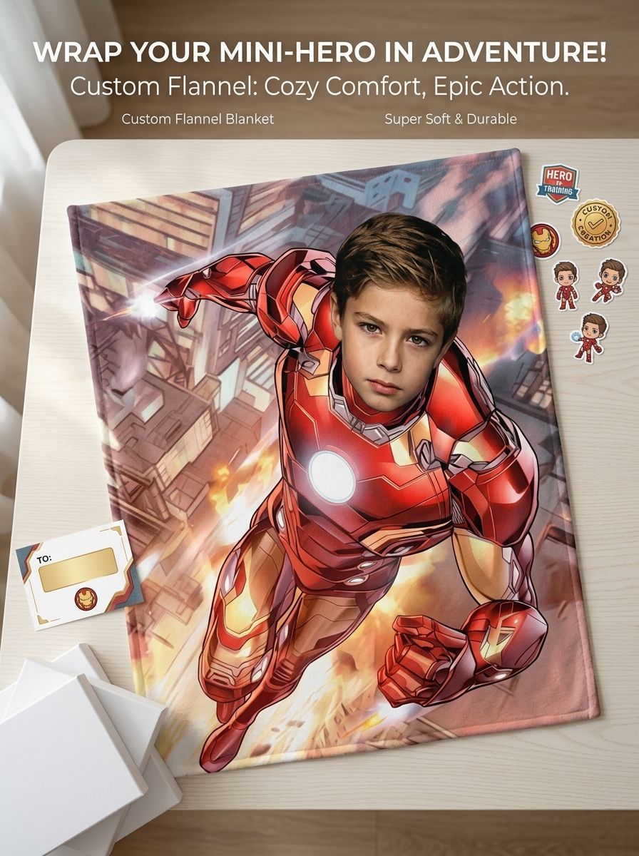 Personalized Photo Superhero Flannel Throw Blanket Soft Cozy Fleece Bed Couch Wrap Custom Face Keepsake Gift for Kids