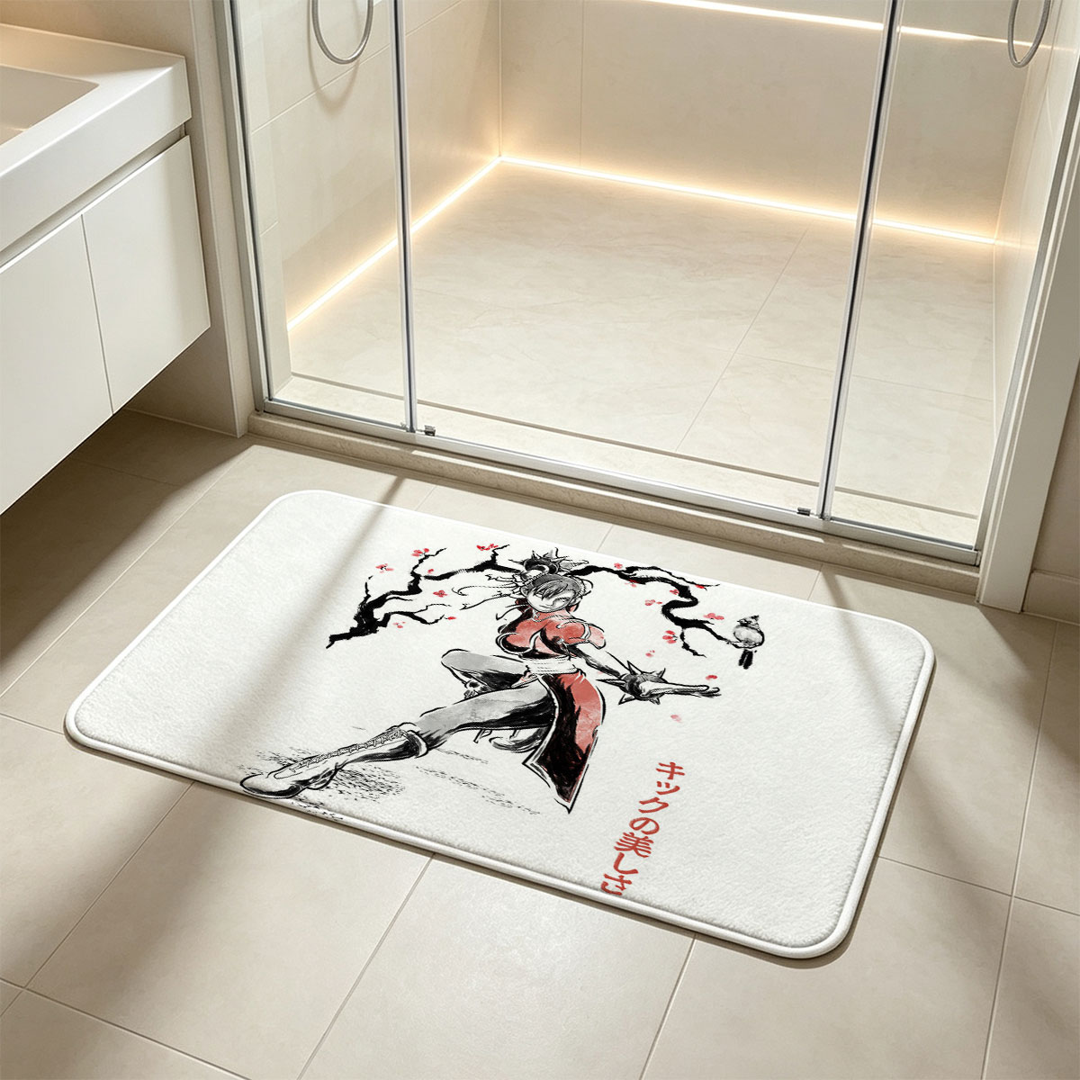 Chun-Li from Street Fighter in a dynamic kick pose with cherry blossoms and a bird, showcasing martial arts elegance - Flannel floor mat