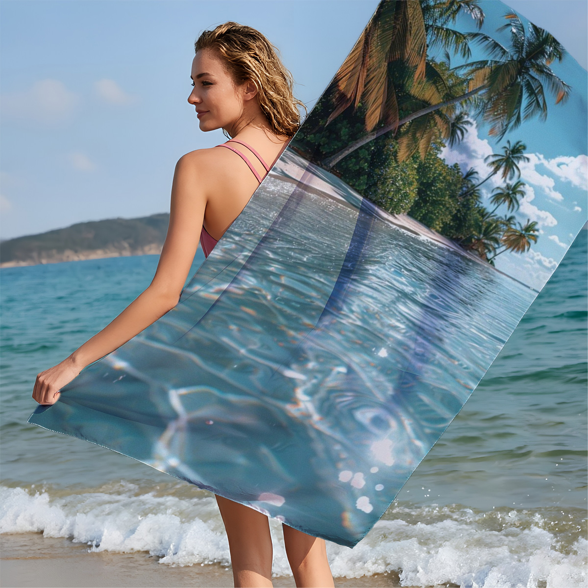 Crystal-clear waters lap against a serene tropical beach lined with swaying palm trees under a bright blue sky. - Beach towels