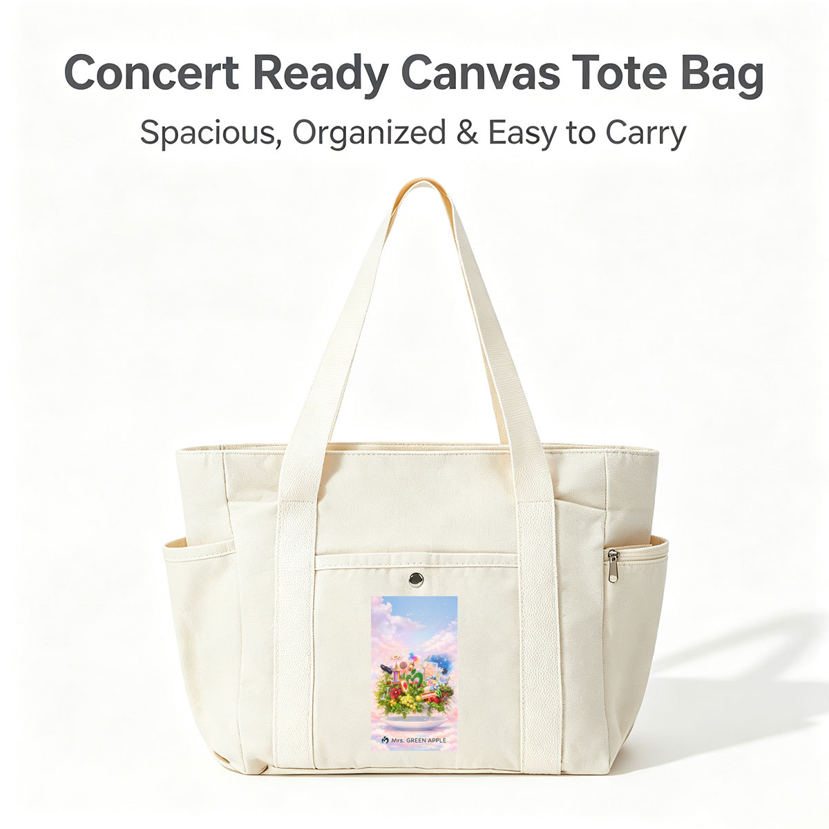 Mrs. GREEN APPLE Fantasy Garden Scene with Colorful Objects and Nature Elements on a Plate - Multi-pocket bags