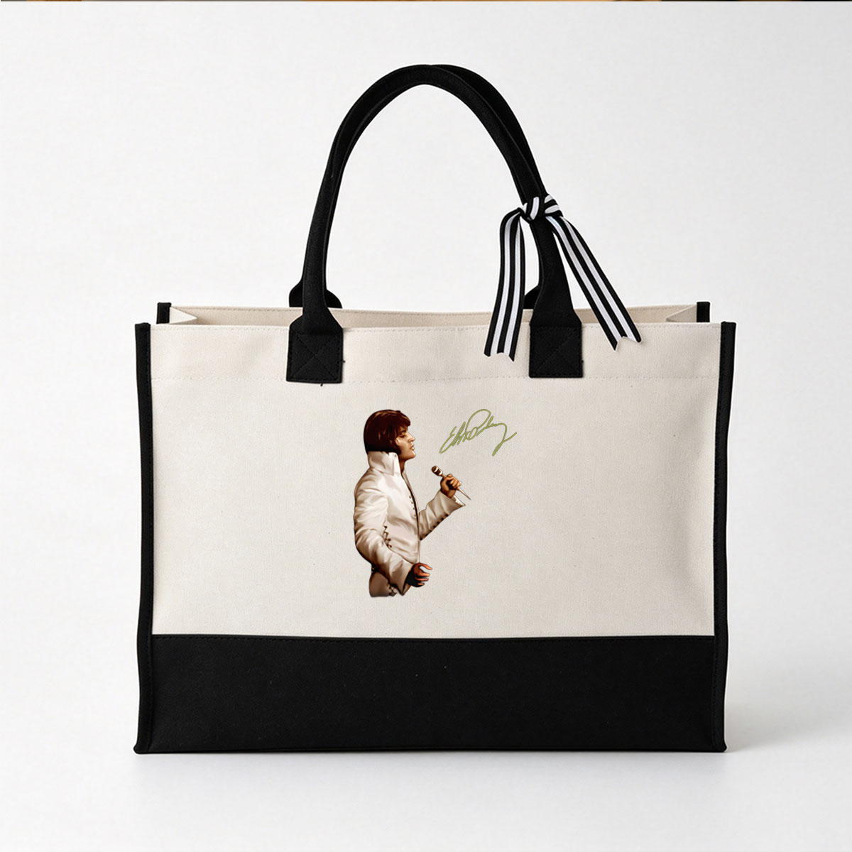 Elvis Presley in White Jumpsuit Holding Microphone - Canvas patchwork gift tote bag