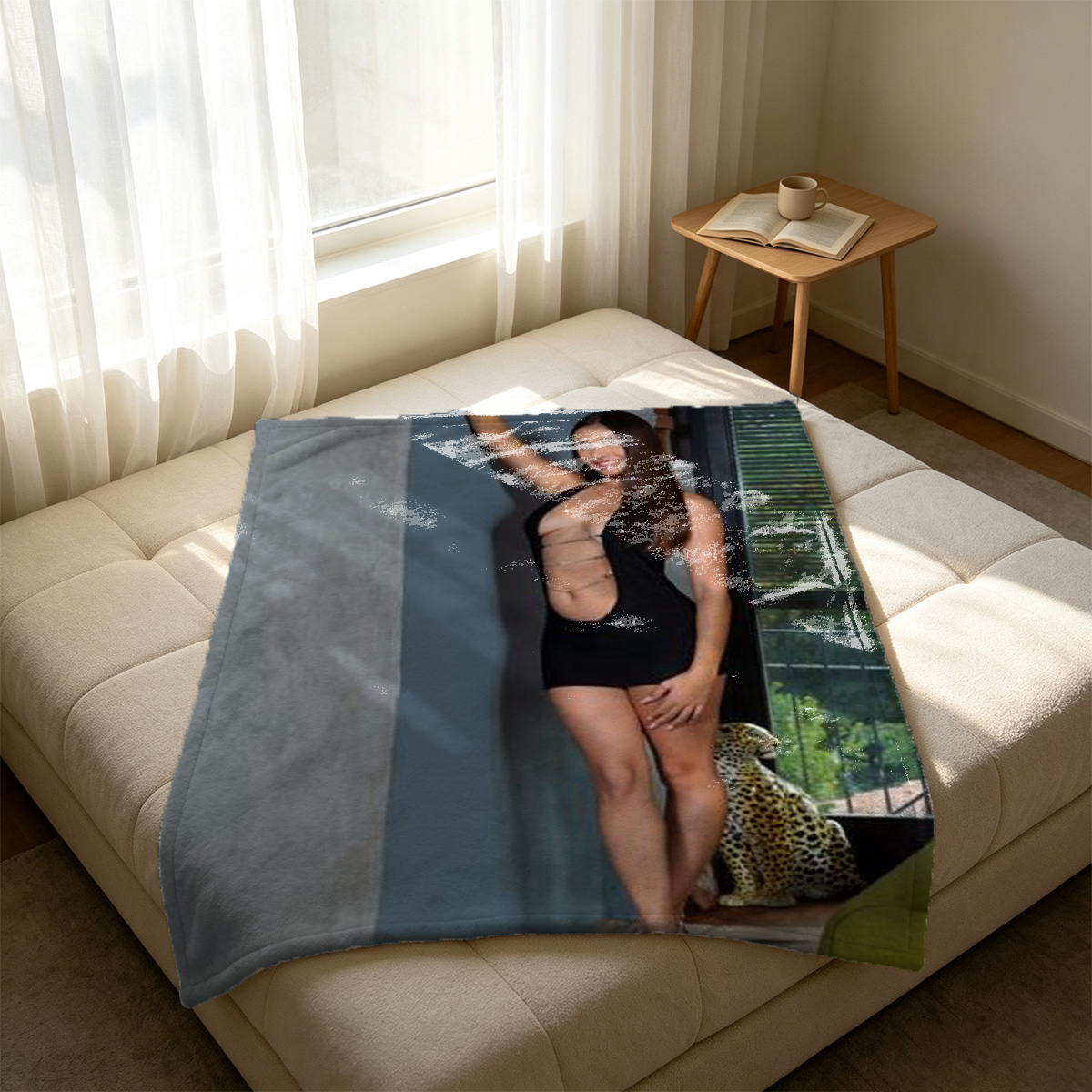 Nude Asian Woman in Lime Green Thong by Window - Blanket