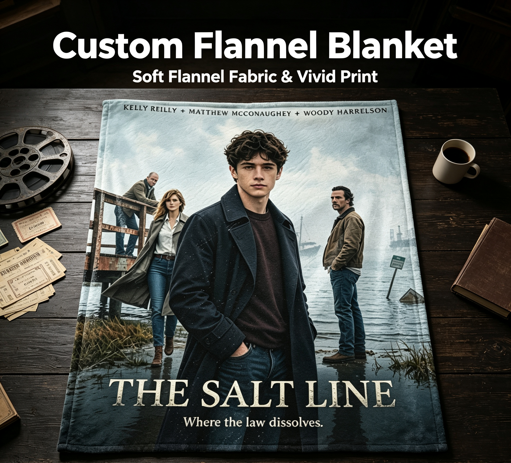 Custom Face Blanket The Salt Line Movie Poster Flannel Blanket Perfect for Fans of Kelly Reilly Matthew McConaughey and Woody Harrelson Ideal for Home Decor or Gift Giving