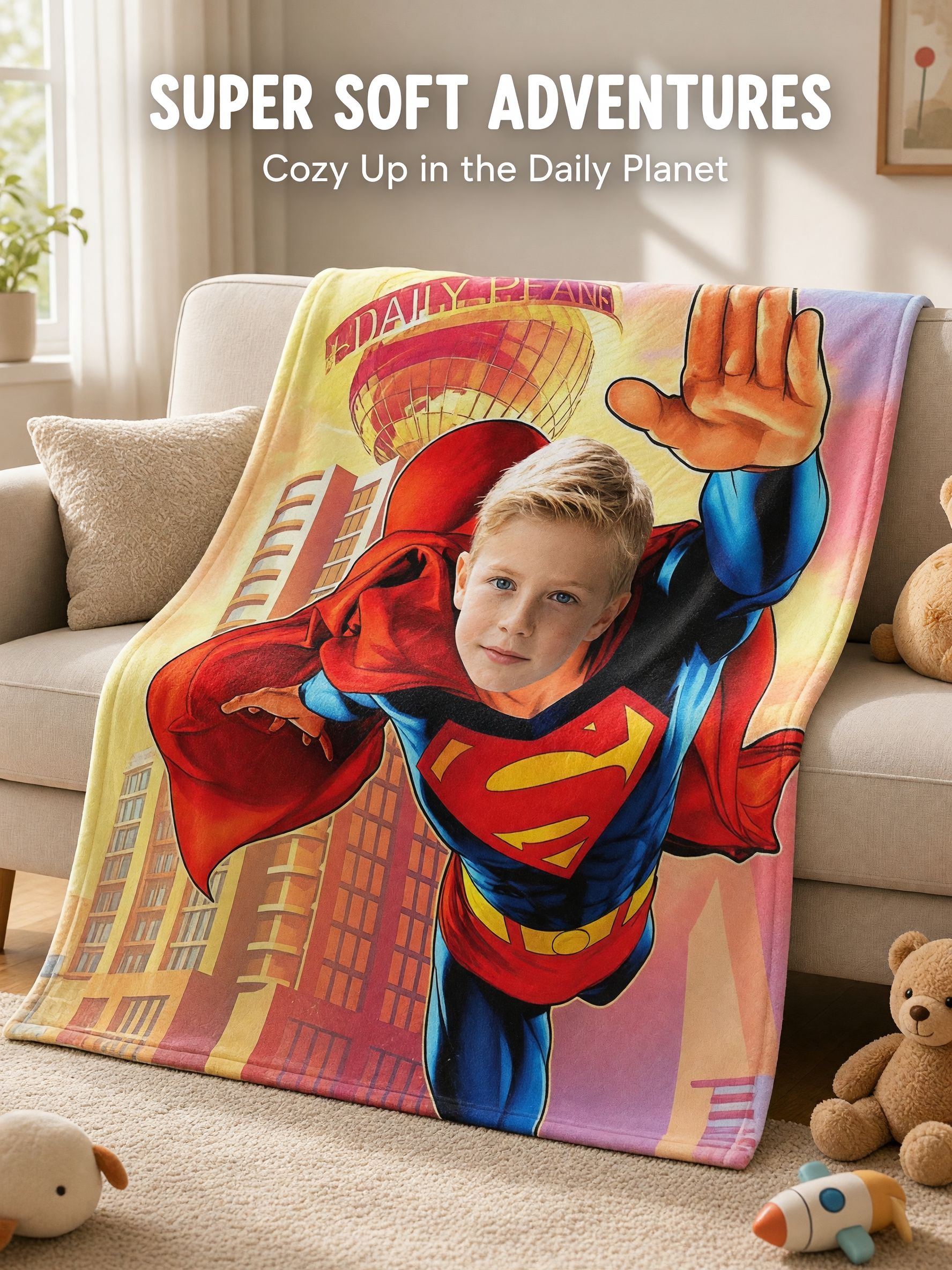 Custom Face Photo Superhero Flannel Fleece Blanket, Ultra Soft Personalized Bed Sofa Throw for Kids and Adults Gift