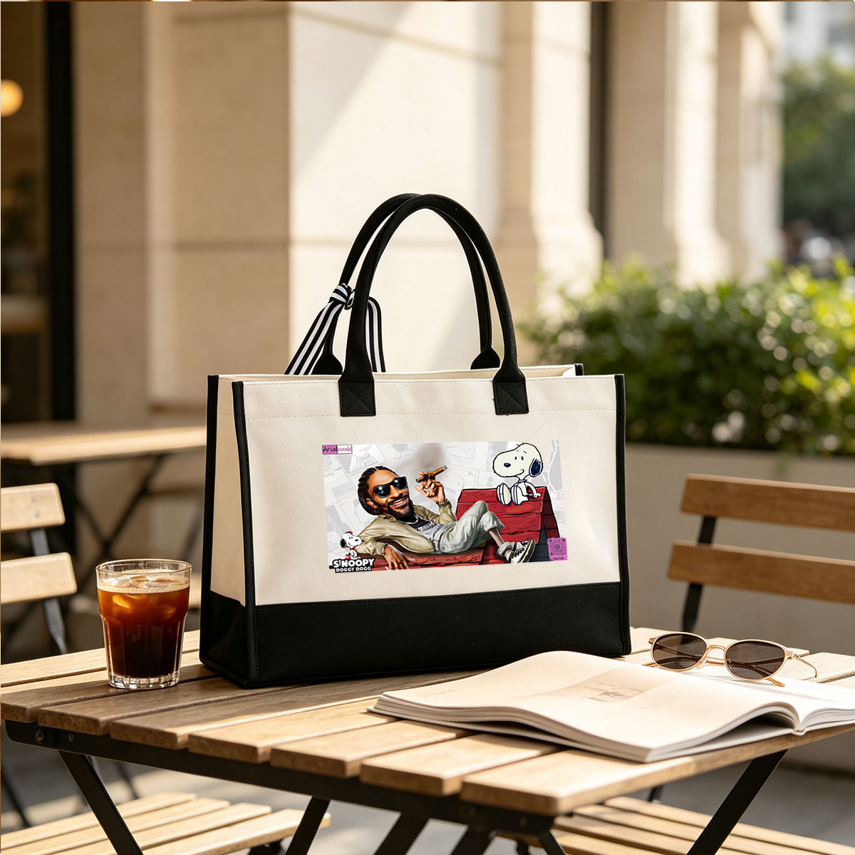 Snoop Dogg and Snoopy: A Cool Collaboration on a Red Doghouse - Canvas patchwork gift tote bag