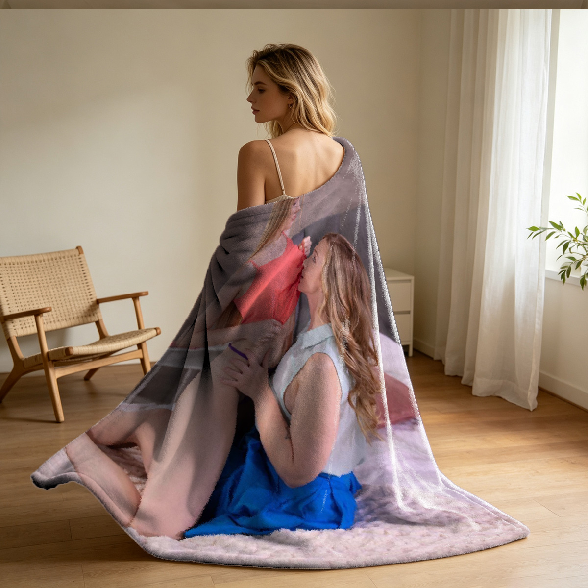 Aiko Sato in pink dress, topless in rustic room. - Blanket