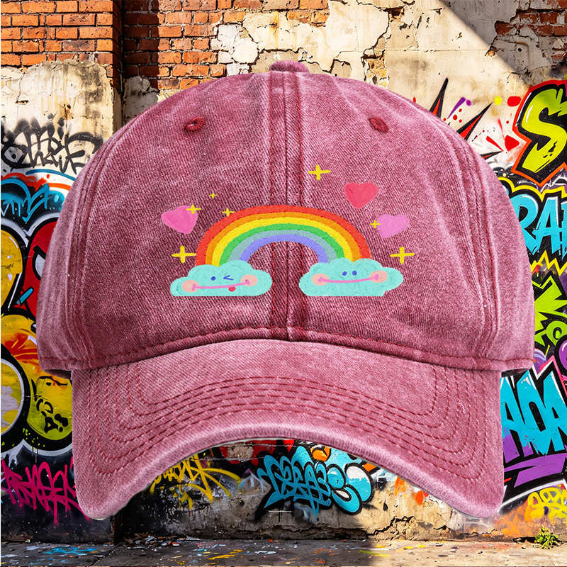 Unisex Classic Washed Cap with Rainbow Clouds and Hearts Print - Perfect for Casual Outings, Travel, and Daily Wear - Ideal for Teens and Adults Who Love Fun, Whimsical Designs