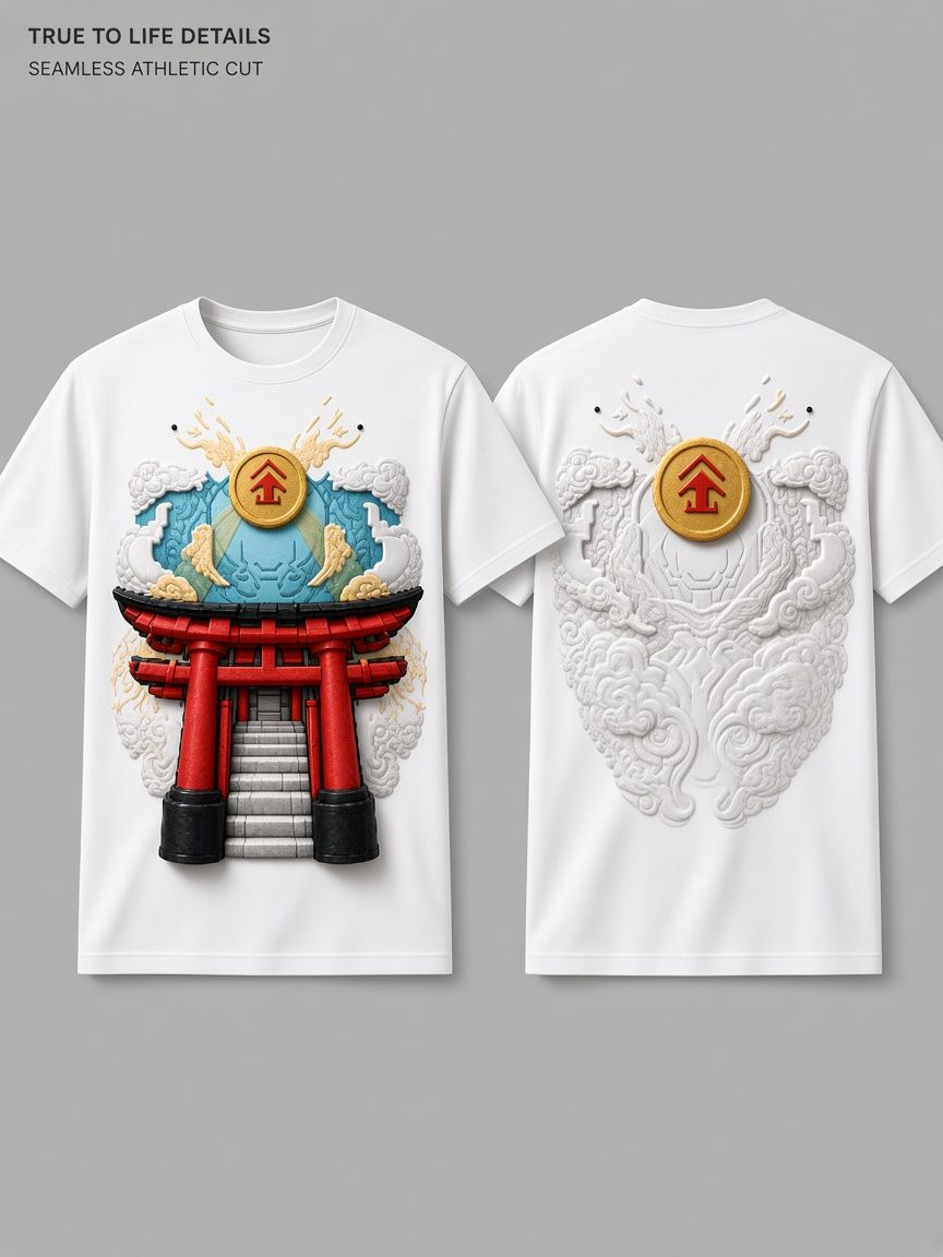 Japanese Torii Gate 3D Optical Illusion Graphic Tee Breathable Athletic Mesh T-Shirt for Casual & Sports Wear