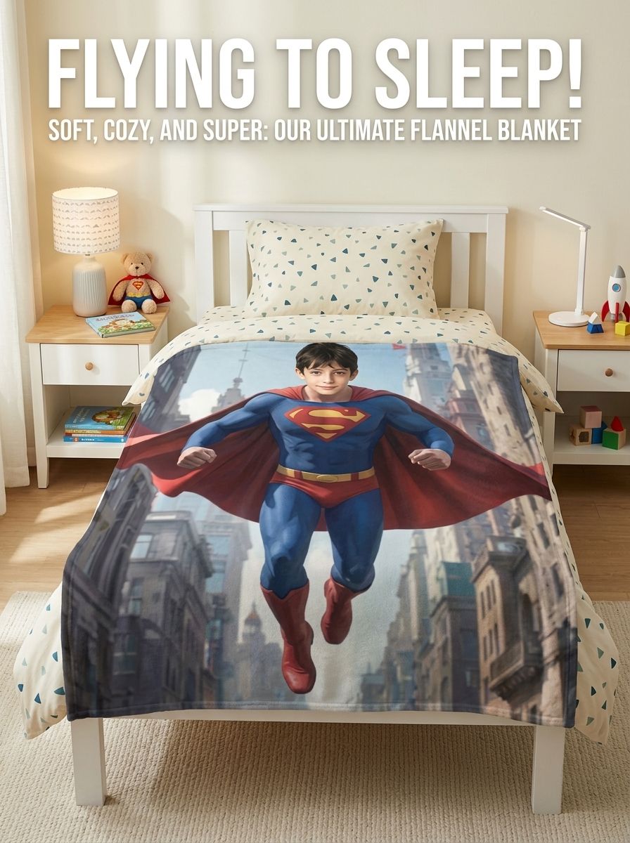 Custom Face Superhero Flannel Blanket Personalized Flying Hero Photo Throw Cozy Plush Bed Couch Gift