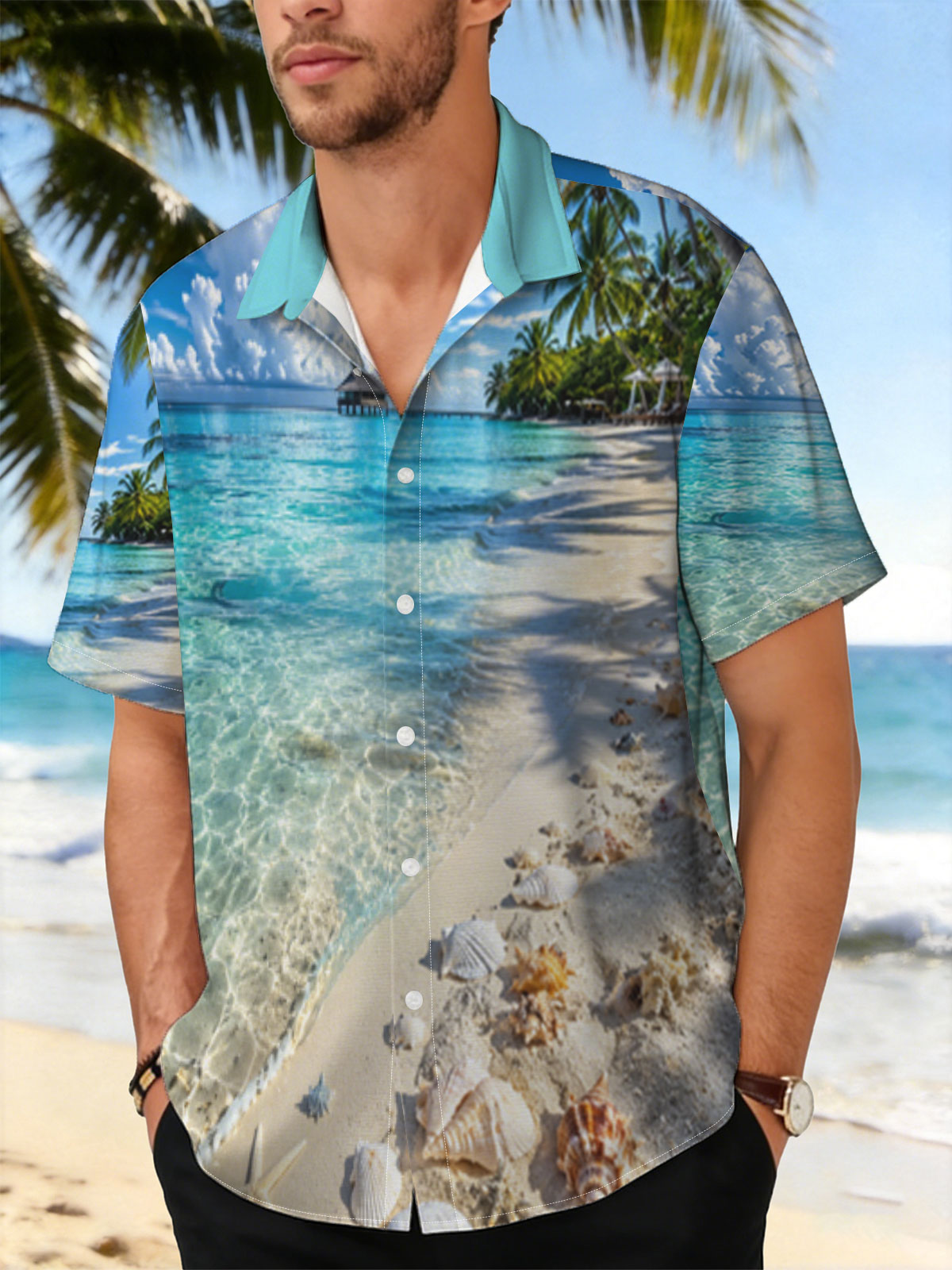 Tropical Beach with Clear Water, Shells, and Palm Trees -  Shirt