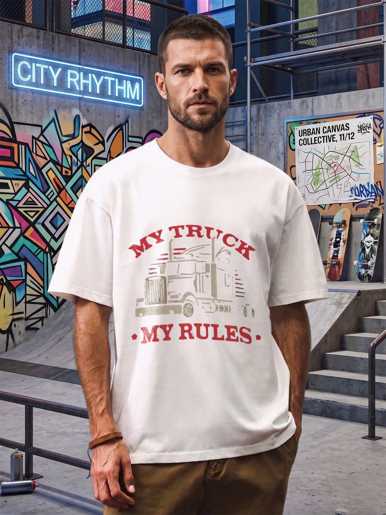 Men's Printed T-Shirt My Truck My Rules Graphic Semi-Truck Design Casual Round Neck Summer Lightweight Breathable Short Sleeve T-Shirt for Truck Drivers and Automotive Enthusiasts