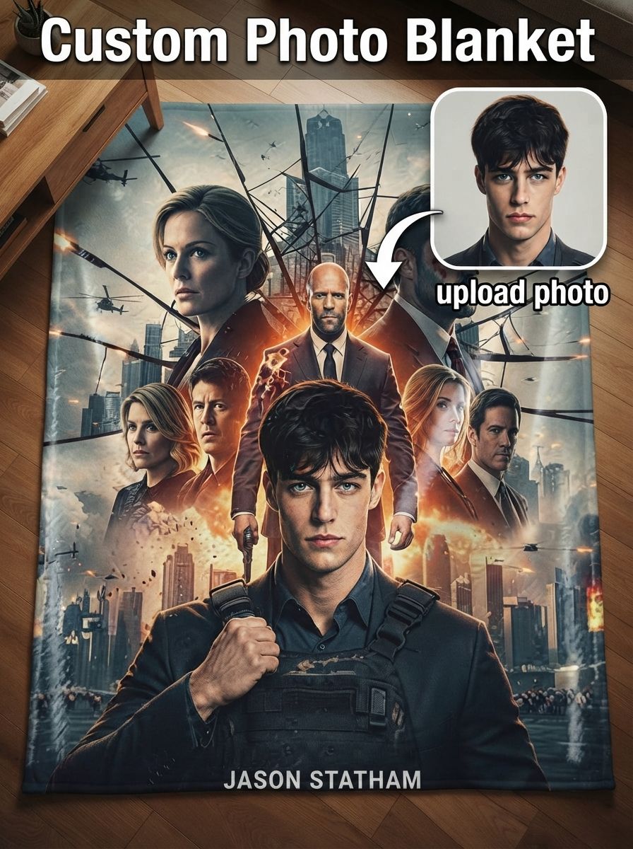 Custom Photo Face Blanket Personalized Action Movie Star Flannel Throw Blanket Ultra Soft Anti-Pilling Cozy Bed Couch