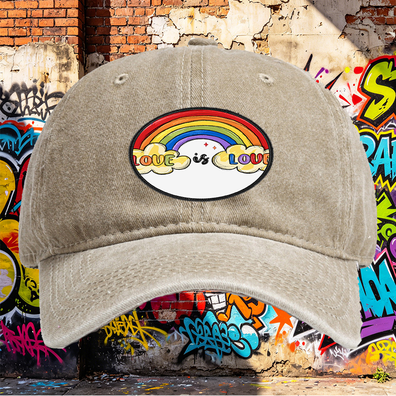 Unisex Classic Washed Hat with Rainbow Love is Love Print | Casual Streetwear Cap for LGBTQ+ Pride & Everyday Wear | Perfect for Adults Seeking Inclusive Fashion Statements