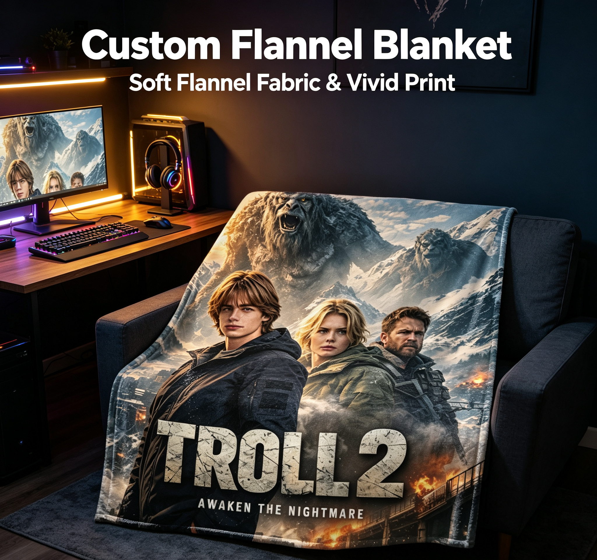 Custom Face Blanket Troll 2 Awaken the Nightmare Flannel Blanket Movie-Themed Cozy Gift for Fans and Collectors