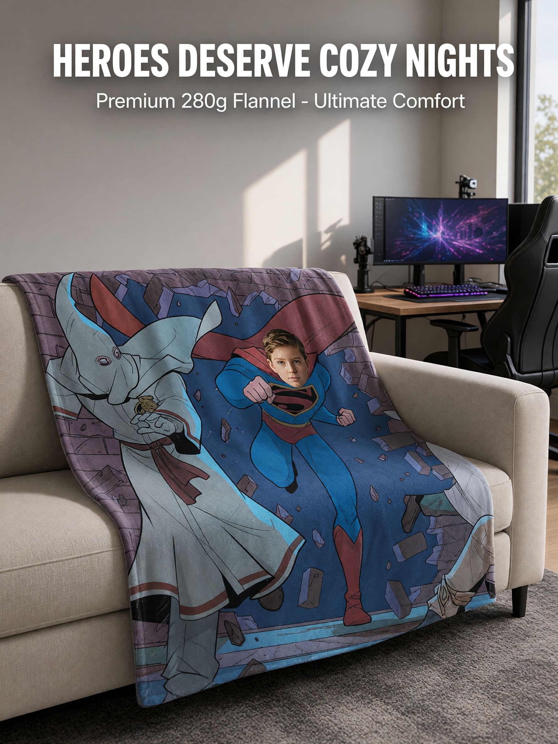 Custom Face Superhero Flannel Blanket, Personalized Comic Graphic Fleece Throw, Warm Cozy Gift for Family and Friends