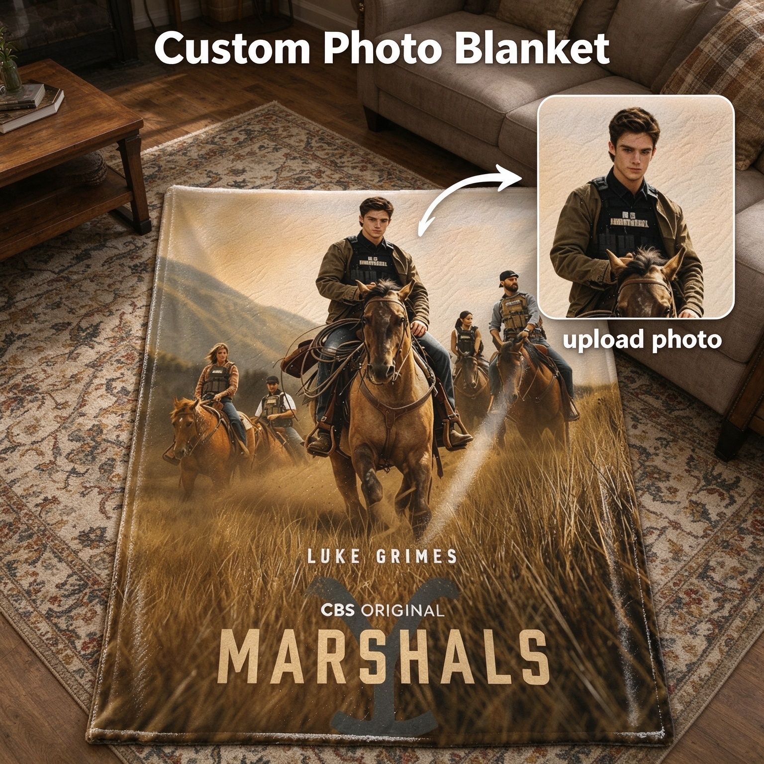 Custom Photo Face Blanket Personalized Western Marshals Cowboy Horse Graphic Ultra Soft Flannel Throw Fleece Blanket