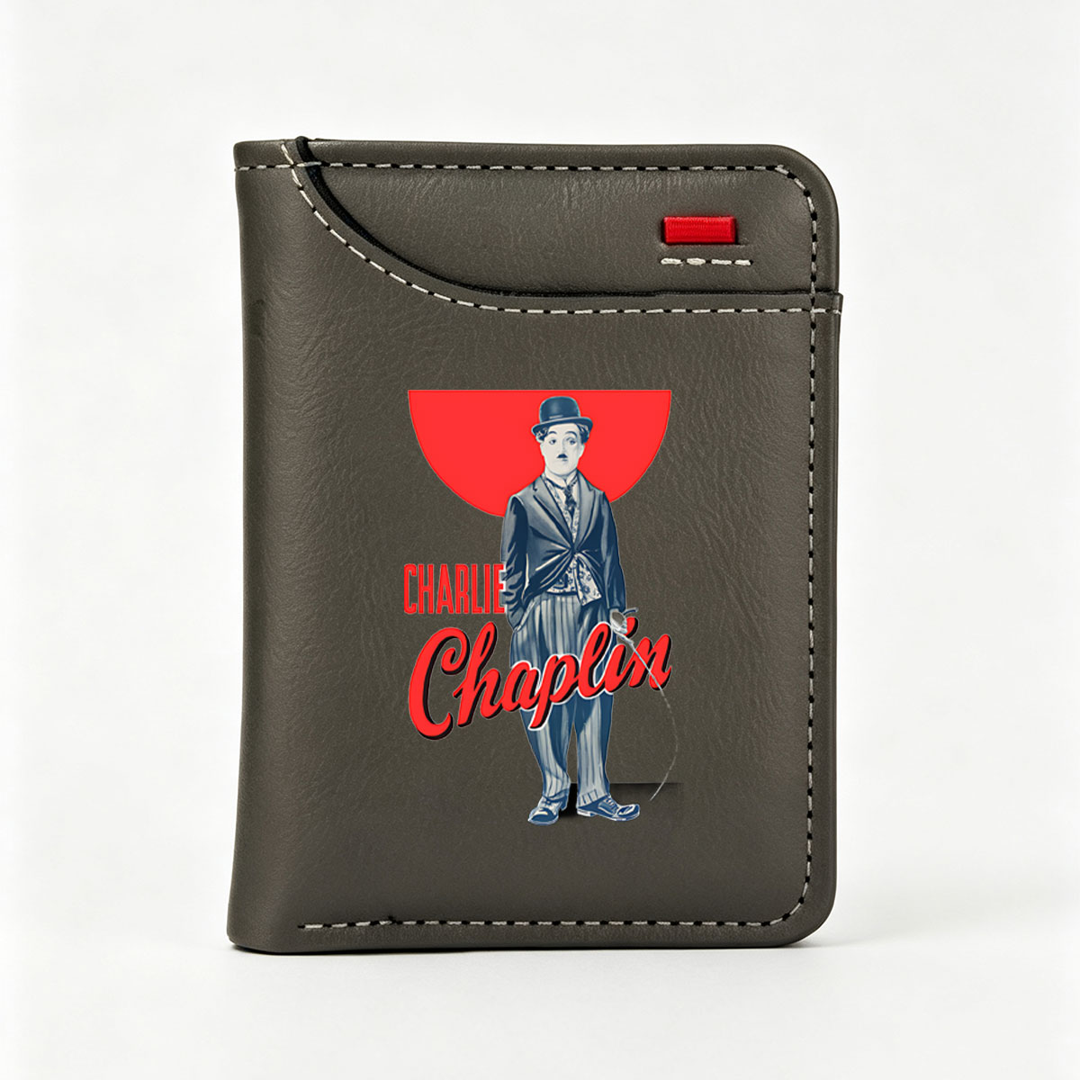 Charlie Chaplin in Classic Tramp Costume with Red Sun Background - Vertical Style Wallet