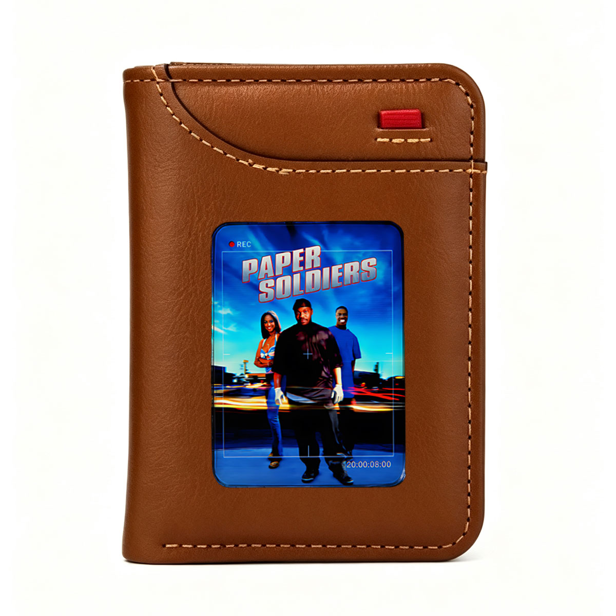 Paper Soldiers: Three Characters in Action Pose with Urban Background and Recording Interface Overlay - Vertical Style Wallet