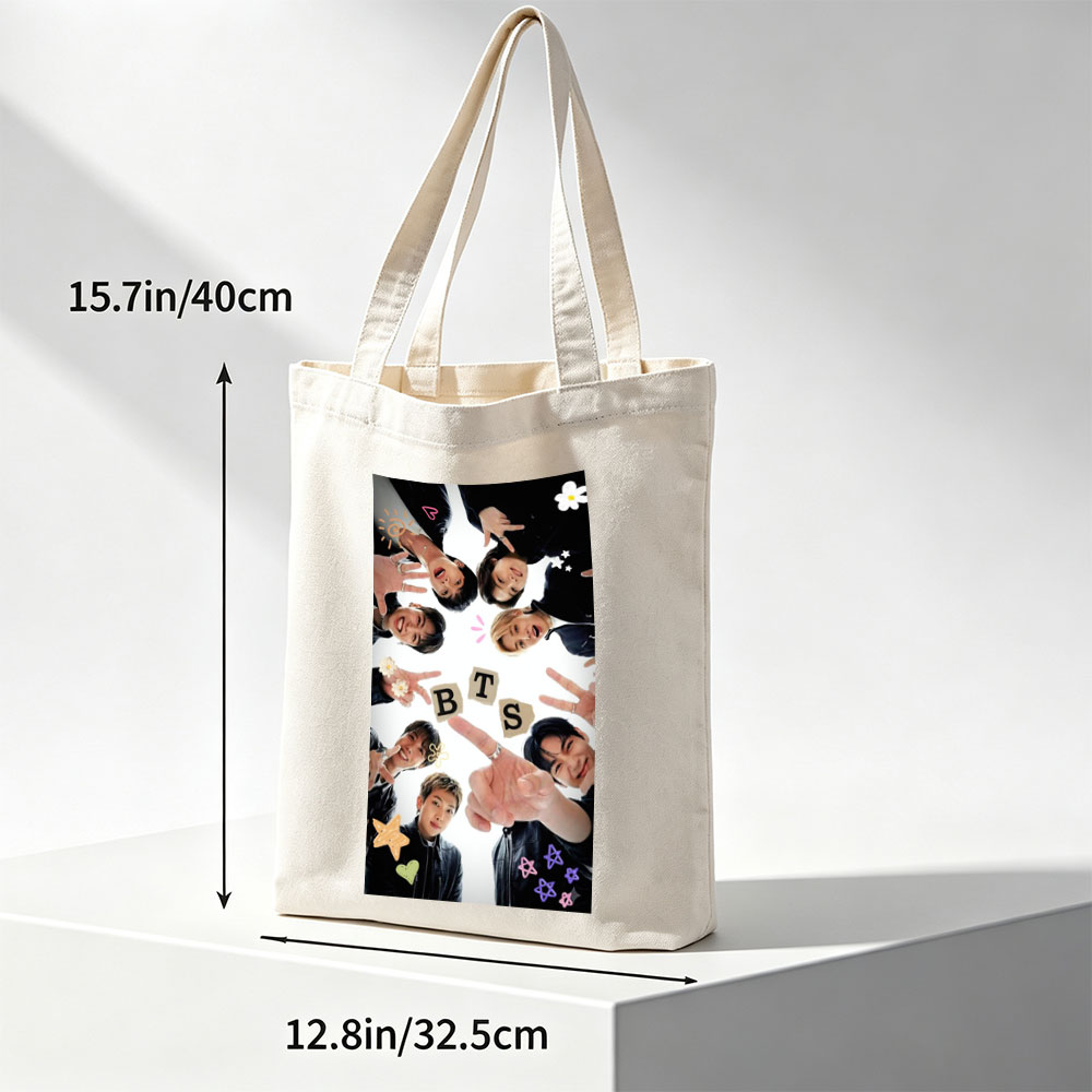 BTS Members in a Circle Forming BTS Letters with Hands and Expressive Poses - Canvas tote bags
