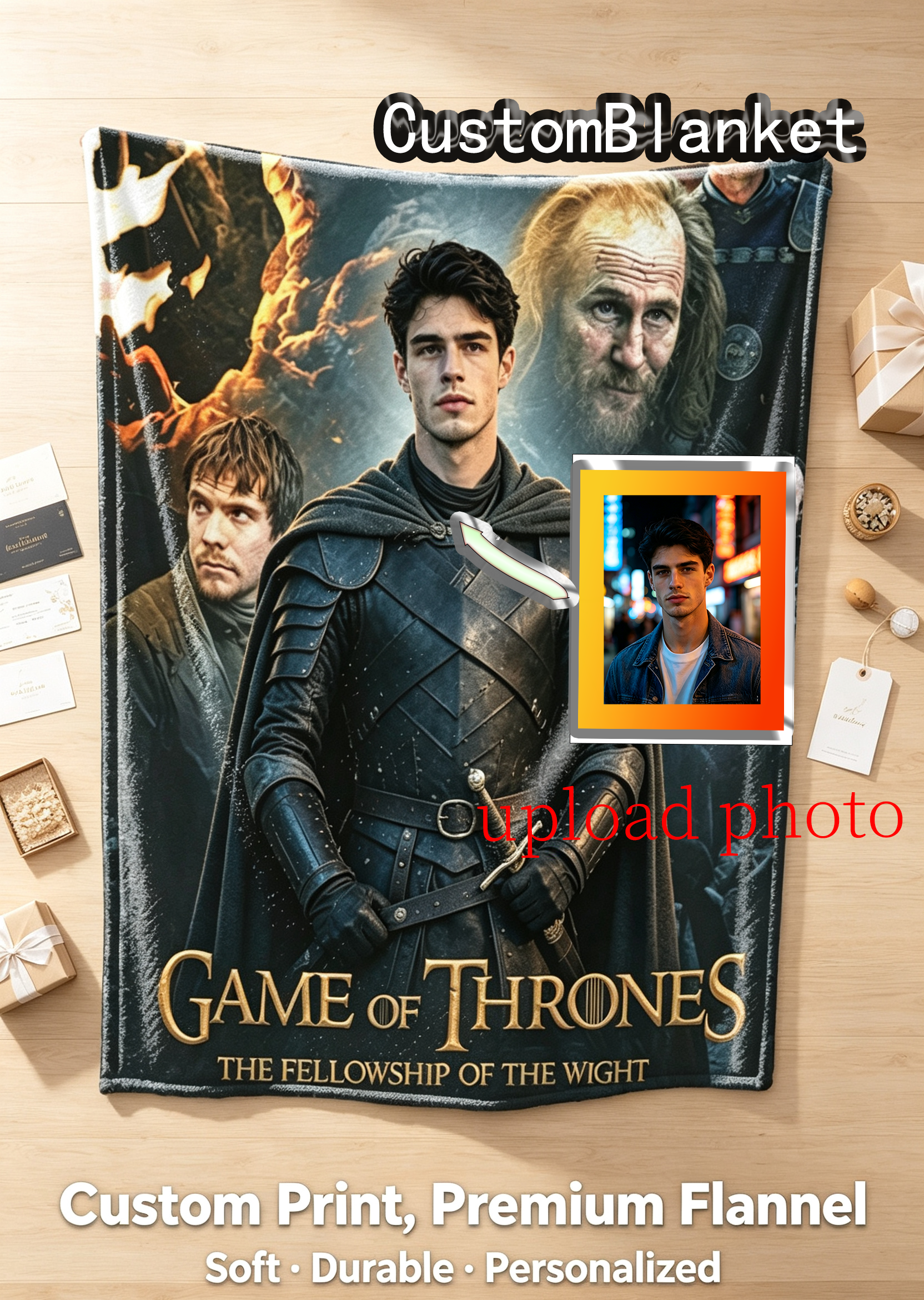 Custom Face Blanket Game of Thrones The Fellowship of the Wight Flannel Blanket for Couch, Bed, or Travel Perfect Gift for Fans and Collectors