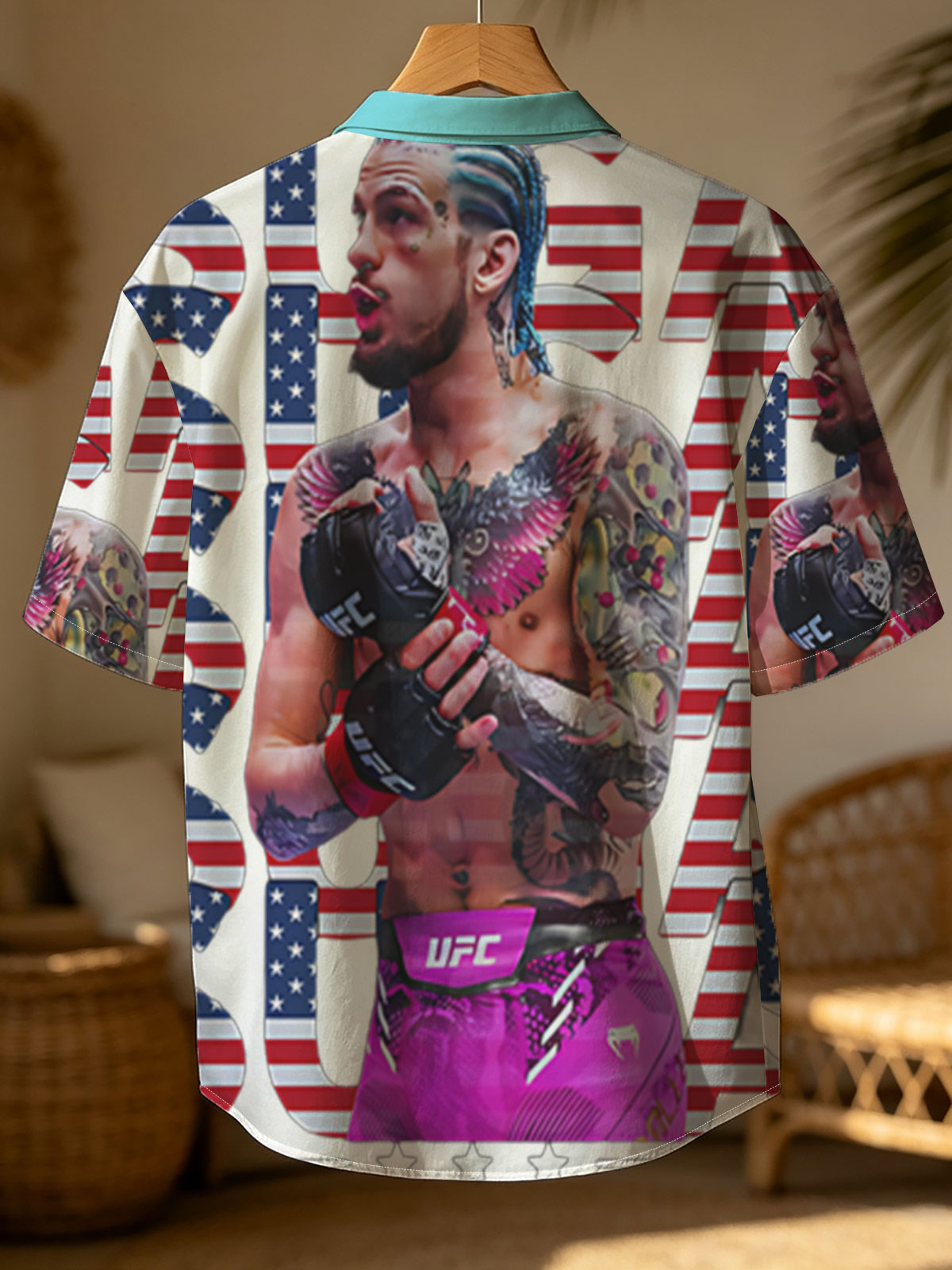 Sean O'Malley in UFC Gear with American Flag Design Background -  Shirt