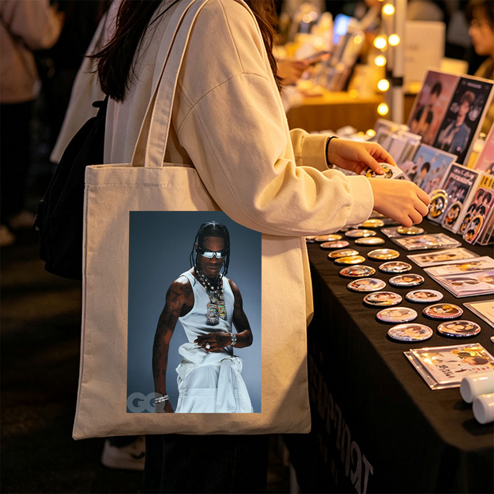 Travis Scott in a Fashion Editorial Pose Wearing a White Tank Top and Statement Jewelry for GQ - Canvas tote bags