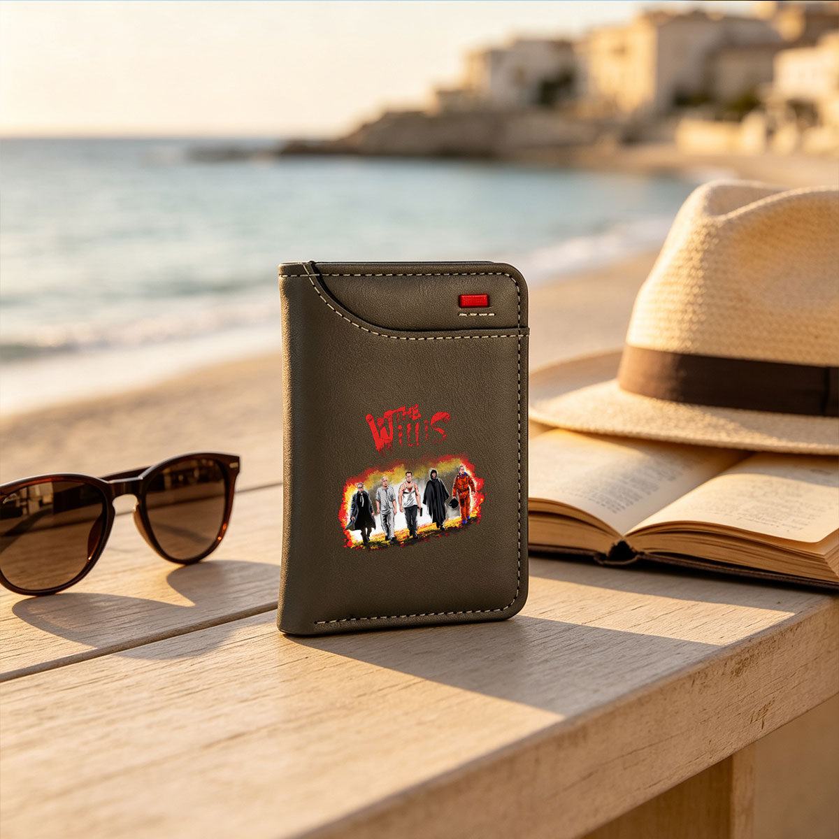 The Willis: A Group of Iconic Characters in Distinct Outfits, Including a Priest, Patient, Tank-Top Man, Hooded Figure, and Astronaut, Set Against a Fiery Background - Vertical Style Wallet