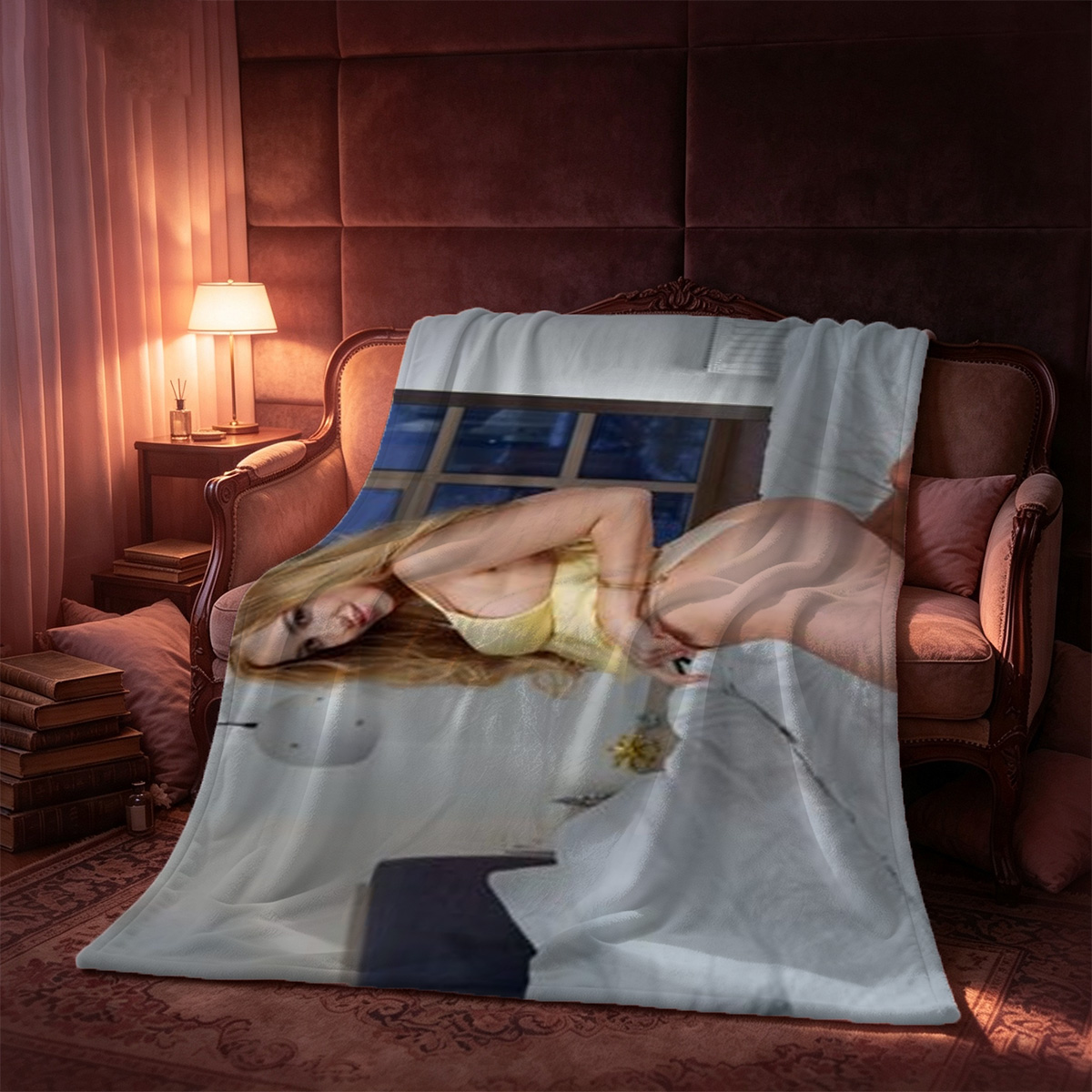 Nude woman lying on poolside edge at swimming pool - Blanket