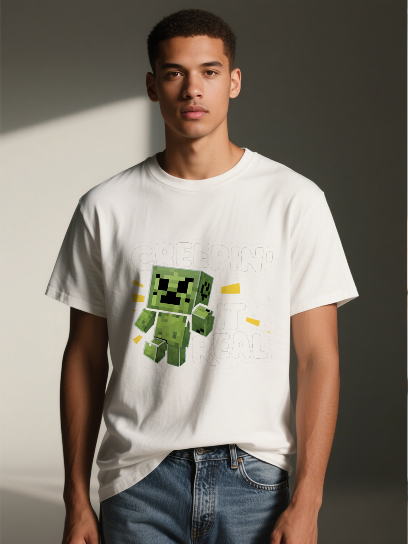 Men's Creeper Print T-Shirt Creepin' It Real Pixel Art Design Casual Round Neck Summer Lightweight Breathable Short Sleeve Tee for Gaming Fans and Pop Culture Enthusiasts