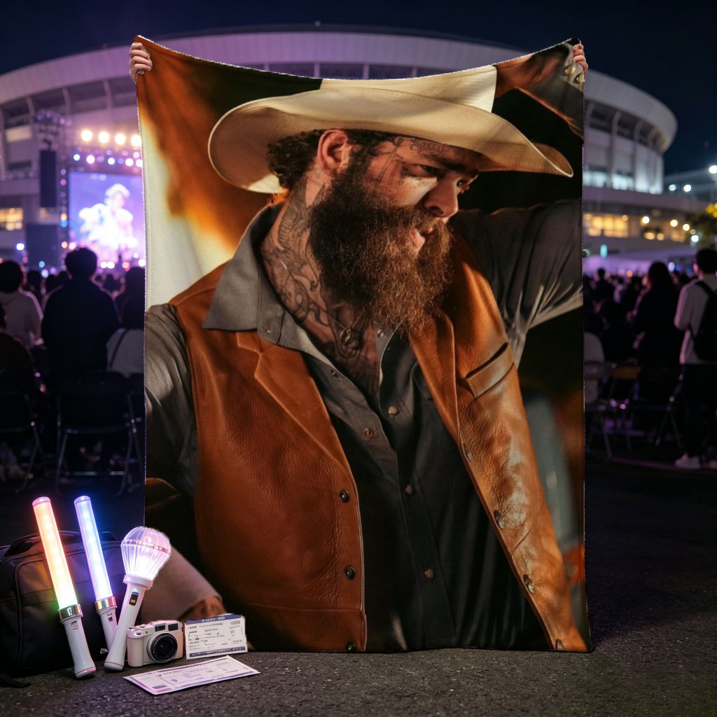 Post Malone in Cowboy Outfit Holding Hat with Fiery Background - Blankets