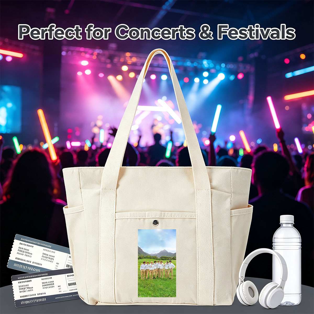 BTS in a Serene Mountain Field Wearing Matching White Shirts and Beige Pants - Multi-pocket bags