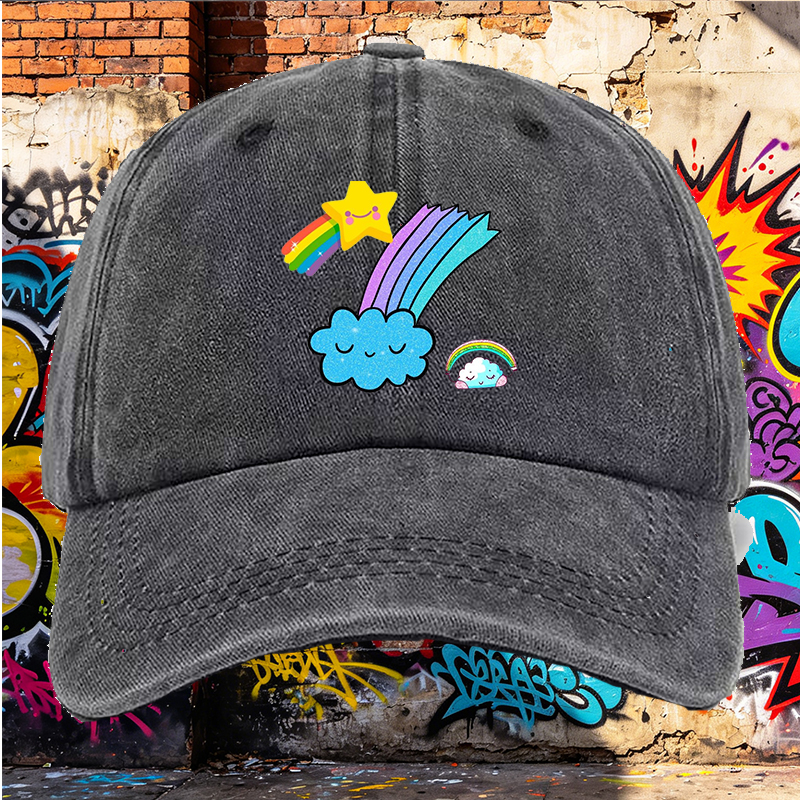 Men's Printed Washed Cap with Rainbow Star Cloud Design Casual Round Brim Lightweight Summer Hat for Outdoor Activities and Daily Wear, Perfect for Young Adults and Trendy Urban Style Lovers