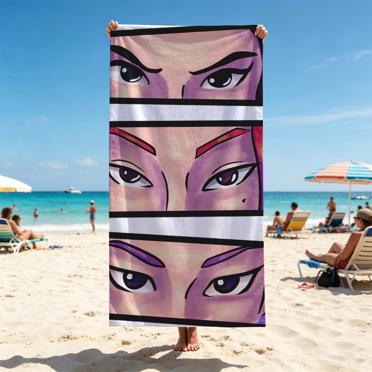 Three Anime Characters with Intense Eyes: Close-Up Portraits - Beach towels
