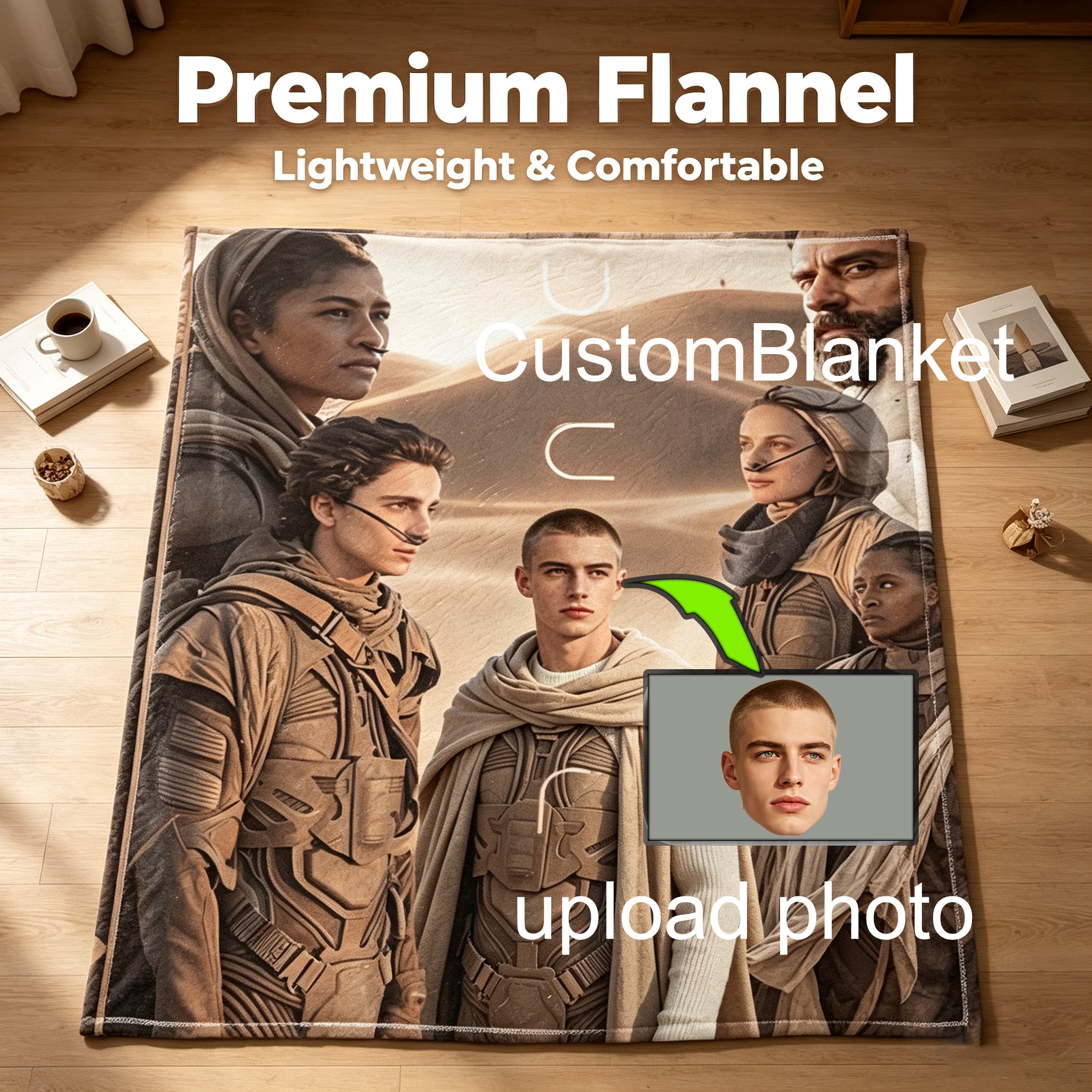 Custom Face Blanket Dune Movie Characters Flannel Blanket Desert Adventure Theme Gift for Fans and Collectors