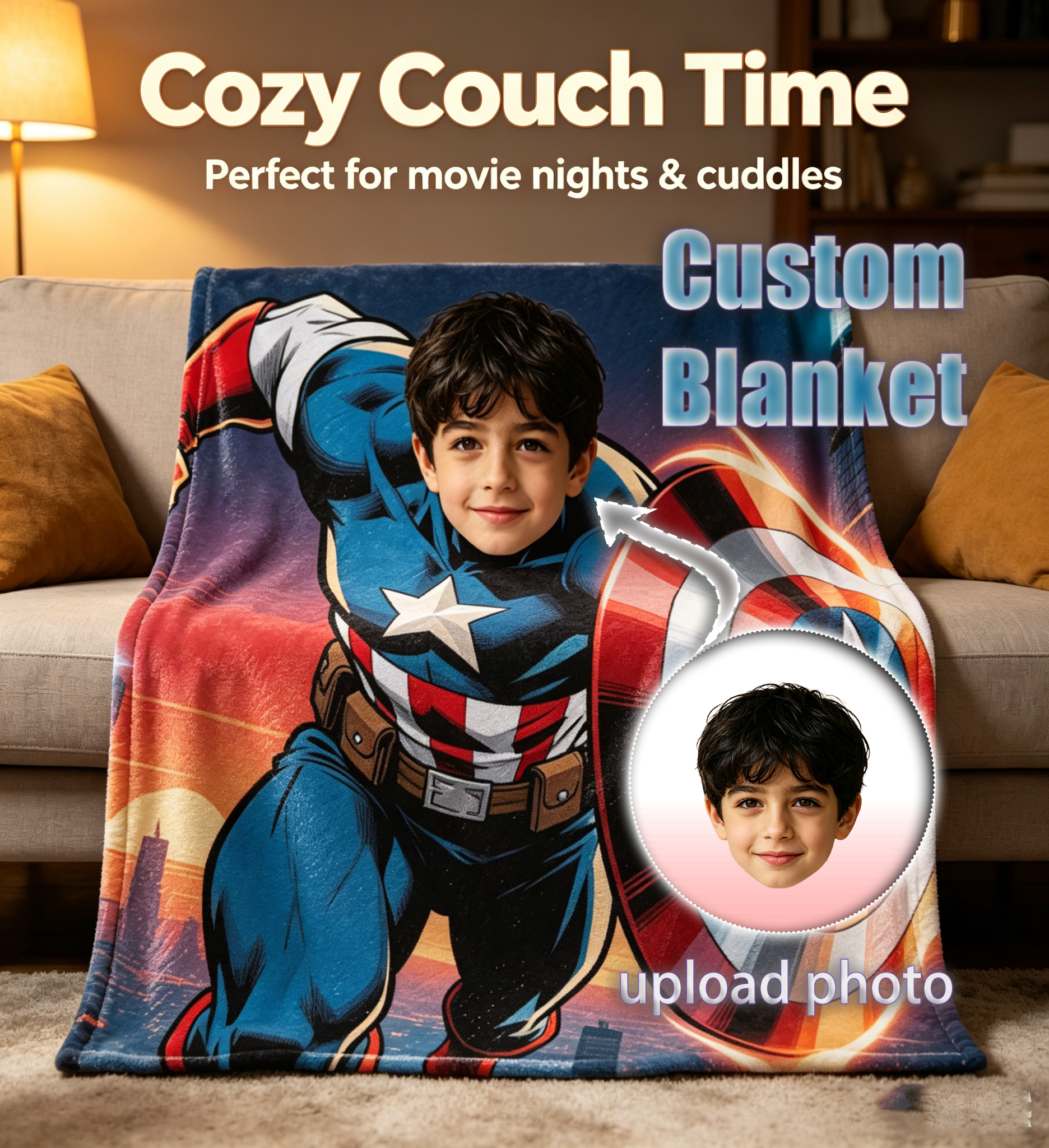 Personalized Captain America Custom Face Blanket | 280G Flannel Fleece Superhero Throw Blanket for Kids Boys Birthday Gift