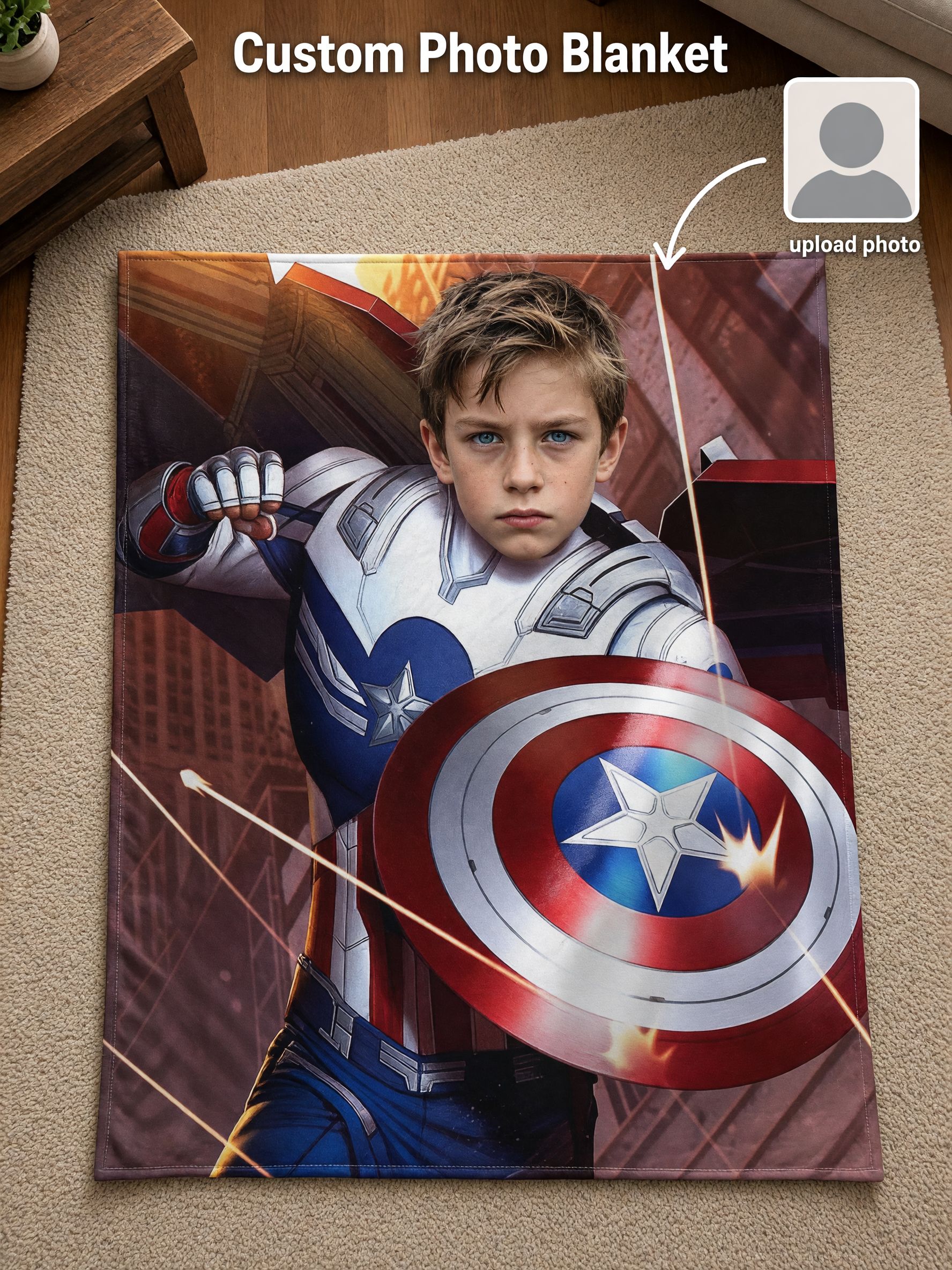 Personalized Superhero Photo Blanket Custom Face Flannel Throw Skin Friendly Warm Cozy Fleece Bedding Gift for Kids