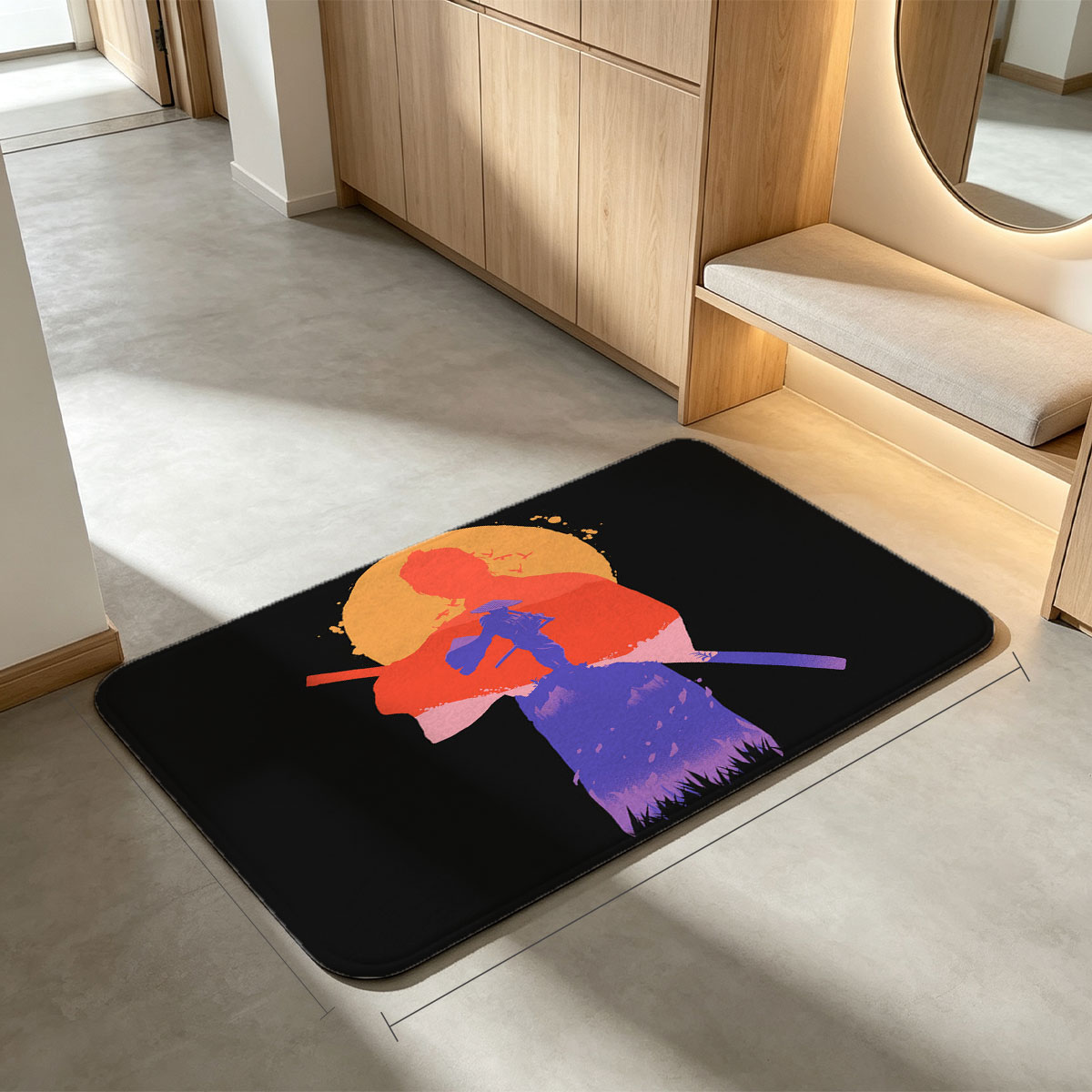 Samurai Silhouette Against Sunset with Mount Fuji and Birds - Flannel floor mat