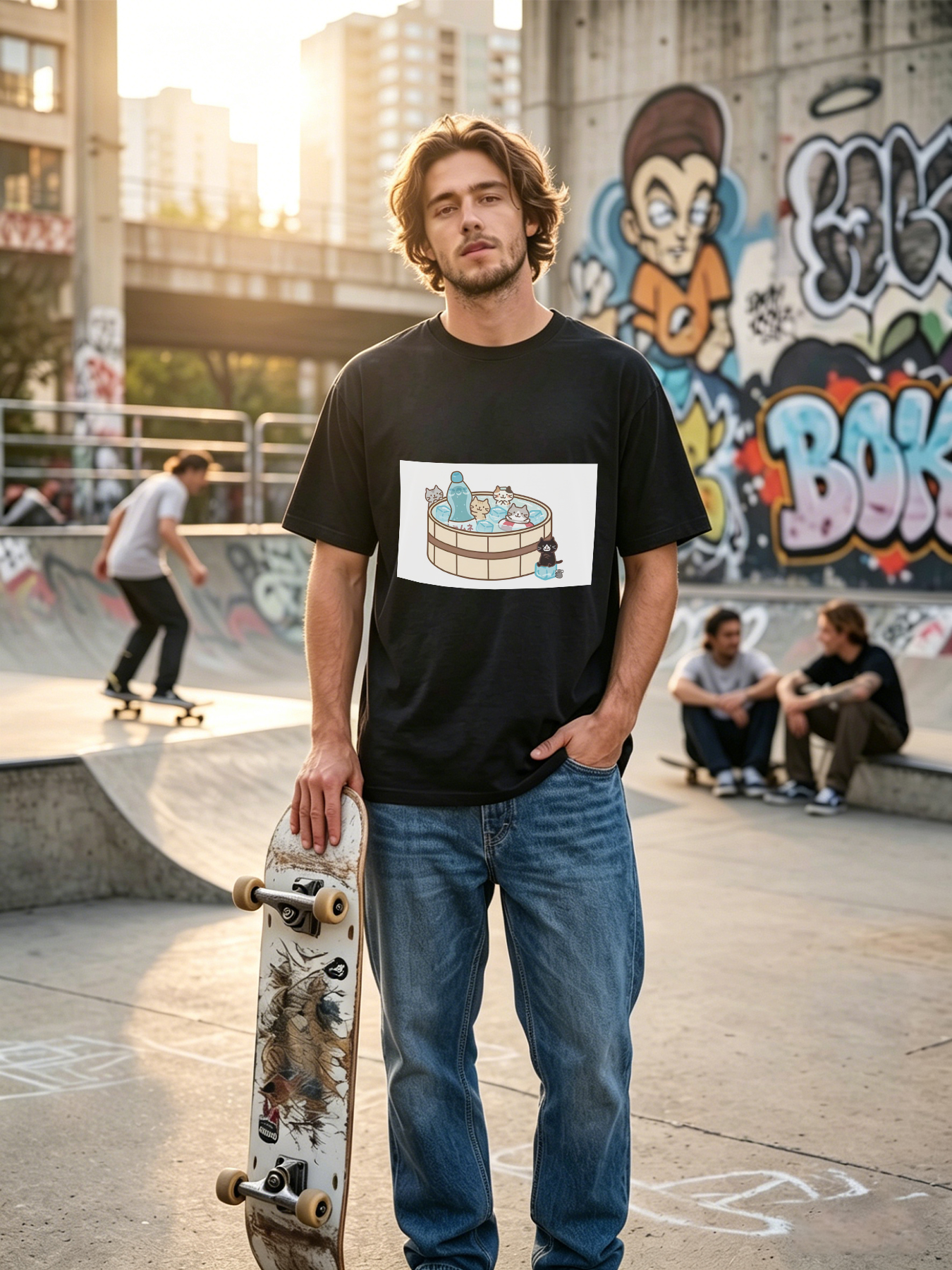 Men's Printed T-Shirt Cats in Ice Bath with Soda Bottle Cartoon Design Casual Round Neck Summer Lightweight Breathable Short Sleeve T-Shirt for Daily Wear, Outdoor Activities, Cat Lovers and Fun Fashion Enthusiasts