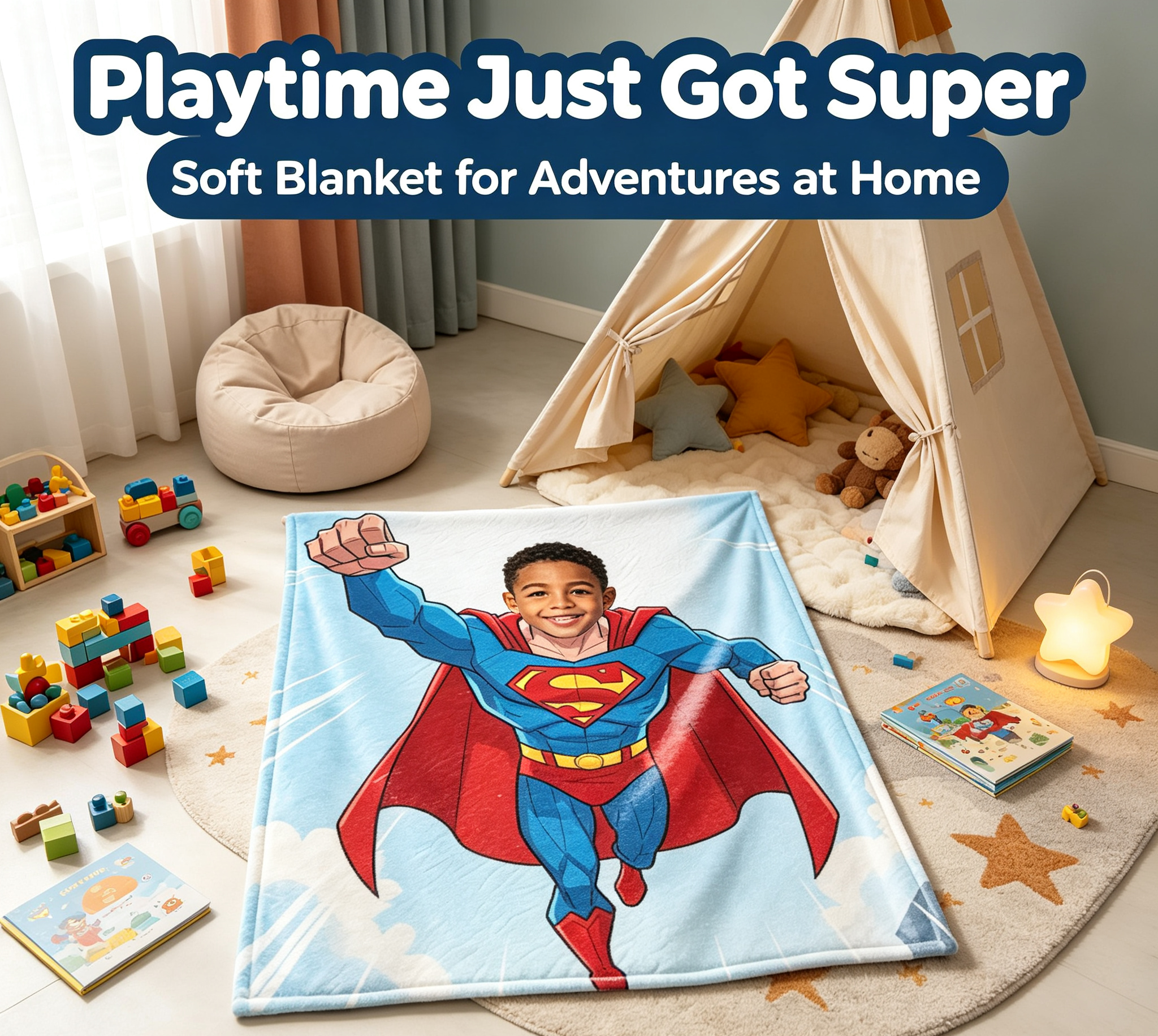 Customized Superhero Blanket With Kid Photo, Personalized Superman Flannel Throw Blanket, Custom Upload Image, Birthday Xmas Present for Little Boys Bedroom Sofa Travel