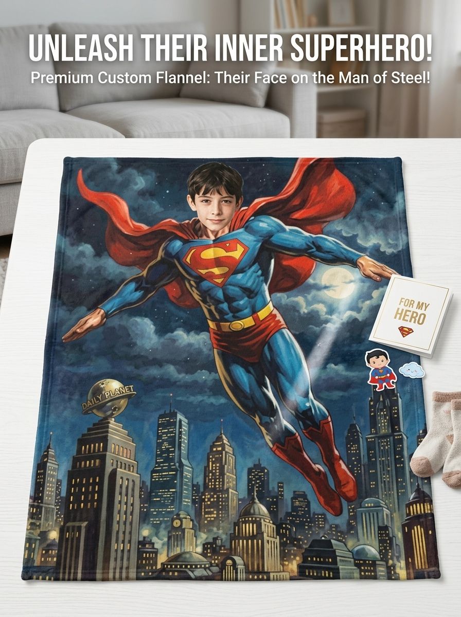 Custom Superhero Face Photo Flannel Throw Blanket, Personalized Ultra Soft Cozy Fleece for Couch, Bed and Birthday Gift