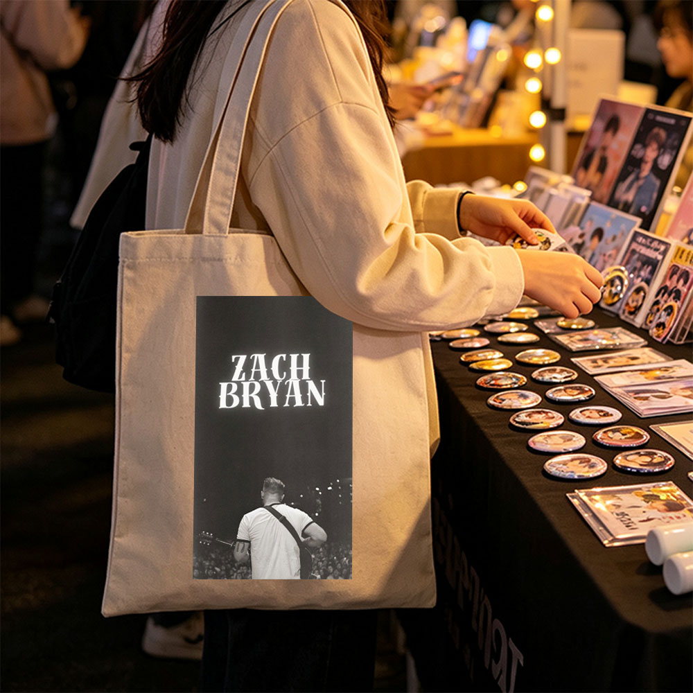 Zach Bryan Live Performance on Stage with Guitar and Crowd in Black and White - Canvas tote bags