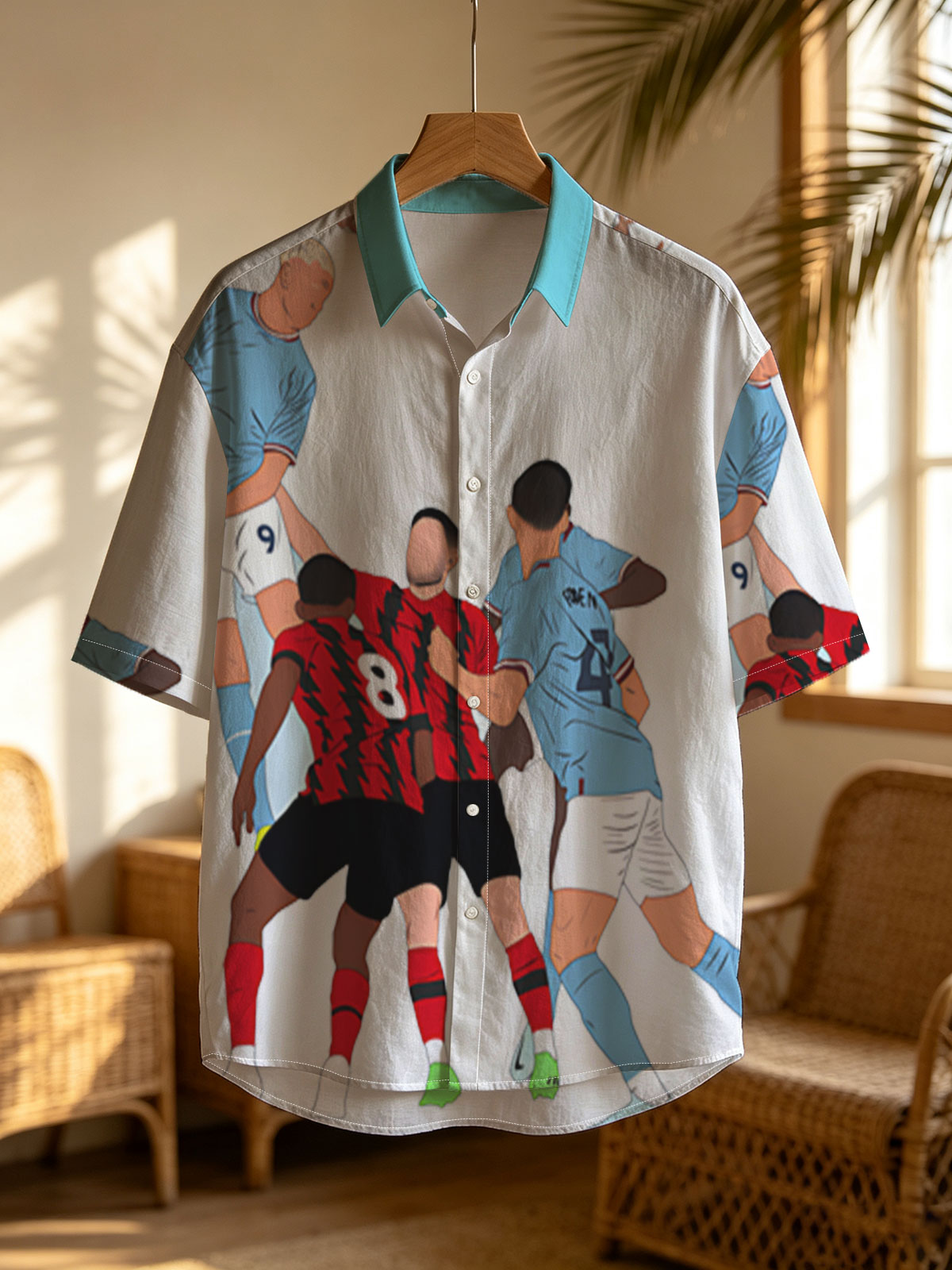 Soccer Players in Action: Blue vs Red Team Duel for Header -  Shirt