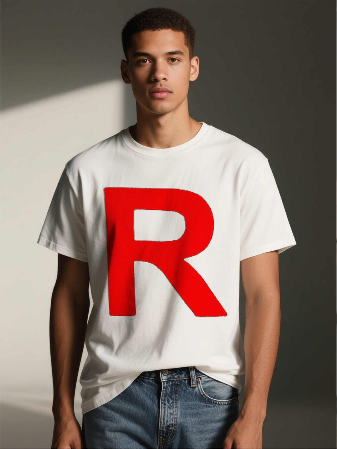 Men's Printed T-Shirt with Bold Red R Letter Design Casual Round Neck Lightweight Breathable Summer Short Sleeve T-Shirt for Everyday Wear and Outdoor Activities Adults