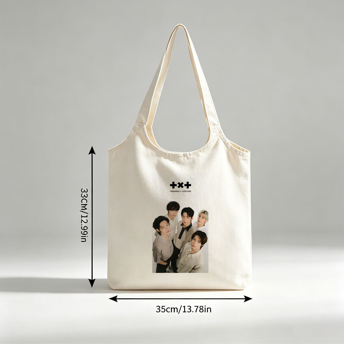 Tomorrow X Together Group Portrait in Minimalist White Outfits on Clean Background - Canvas shoulder bags/
