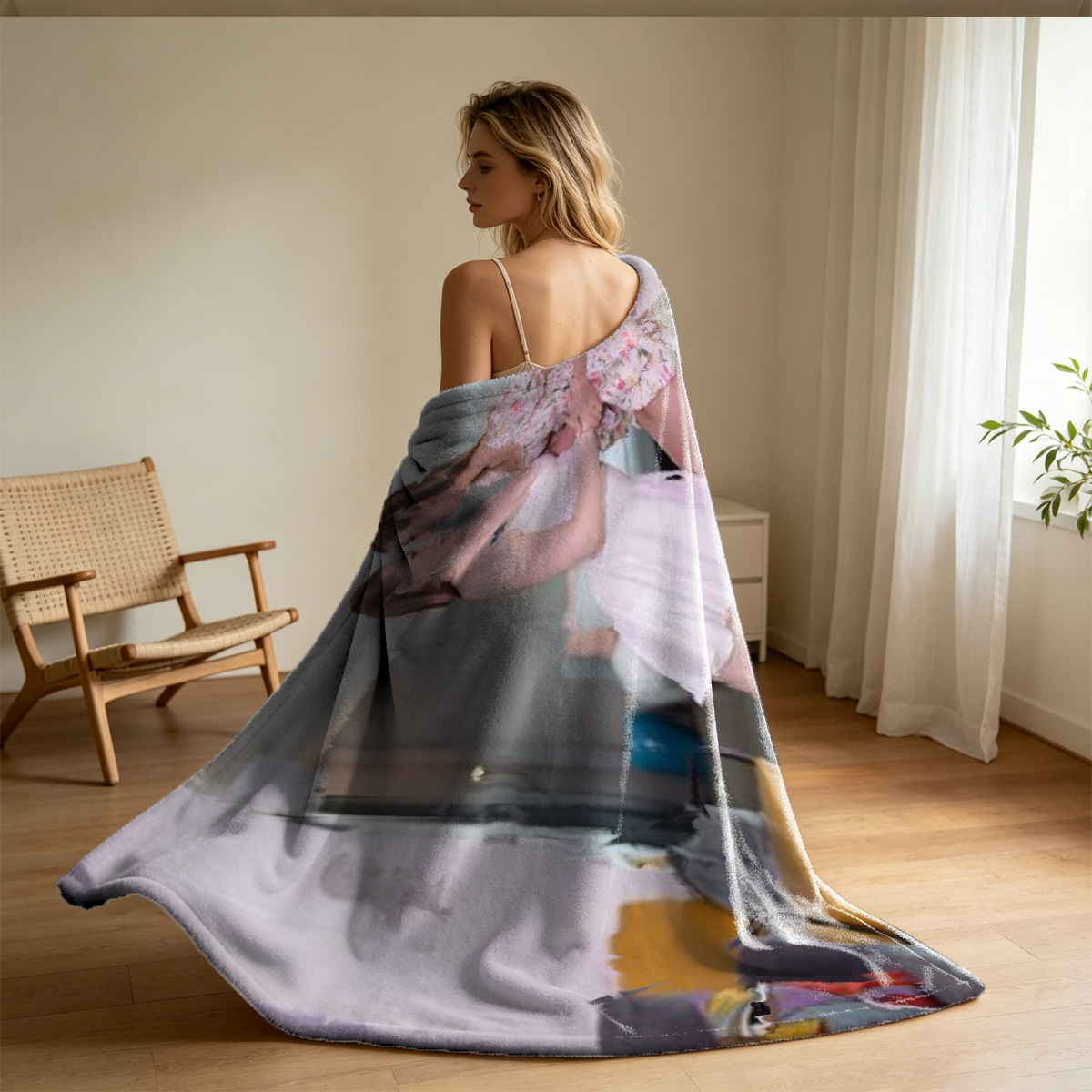 Emma Watson in blue silk skirt on red leather couch - Blanket