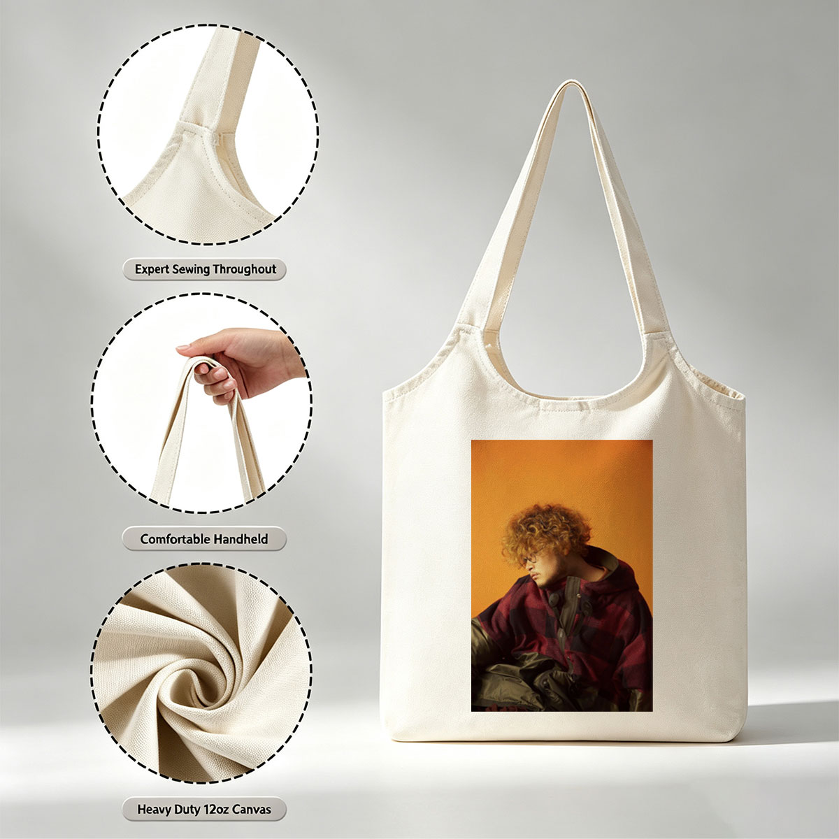 Takashi Miyagawa in a Moody Portrait Wearing a Plaid Hoodie Against an Orange Background - Canvas shoulder bags/