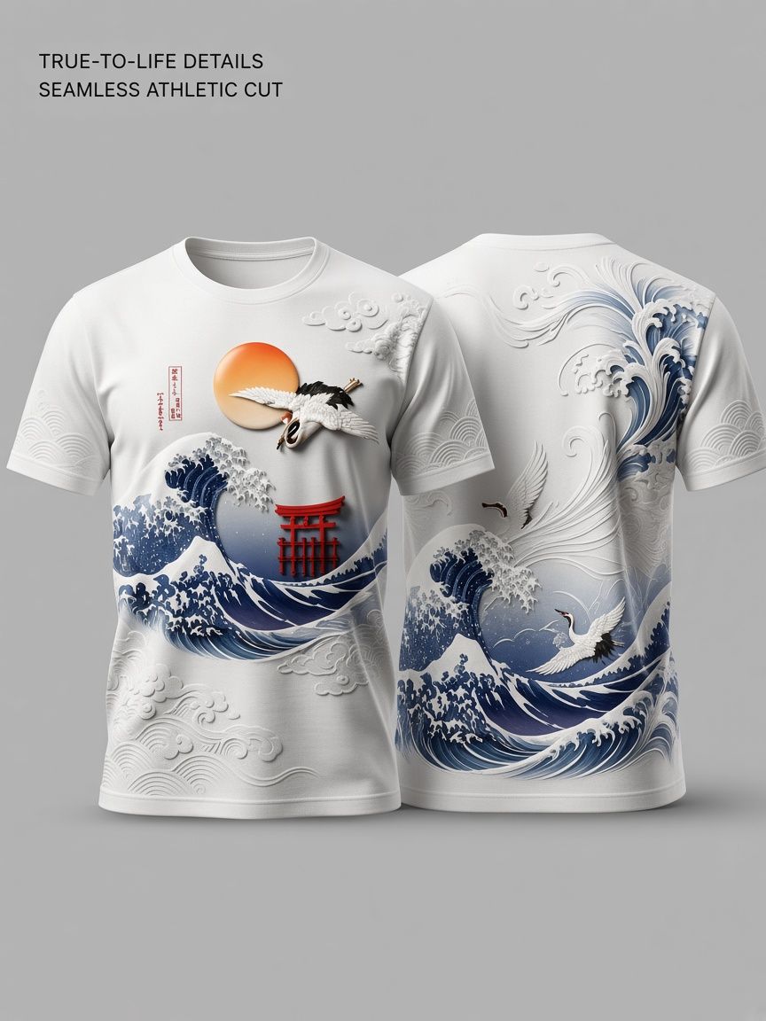 Japanese Wave Crane 3D Optical Illusion Graphic Tee, Breathable Athletic Mesh T-Shirt for Casual and Sports Wear