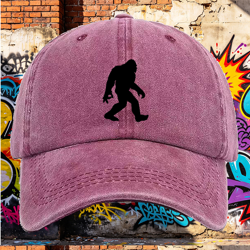 Men's Printed Washed Cap with Bigfoot Silhouette Design - Casual Round Brim Summer Lightweight Hat for Outdoor Adventures, Hiking, Camping, and Everyday Wear - Ideal for Men Who Love Nature and Wildlife Themes