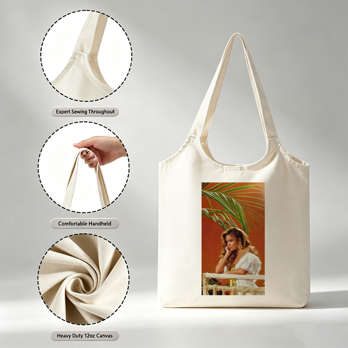 Maren Morris in a Tropical Scene Wearing a White Ruffled Dress with Palm Leaves in the Background - Canvas shoulder bags/